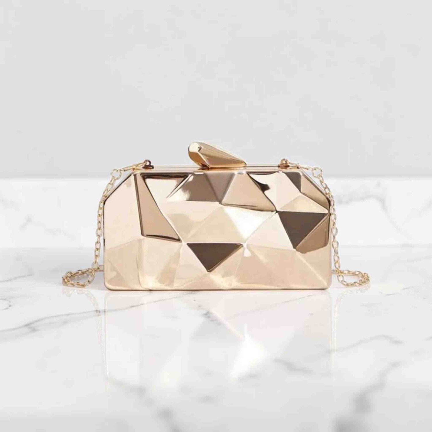 Boutique Kadın Metalik Prizma Model Geometrik Abiye Çanta Nişan Düğün Zincirli Clutch
