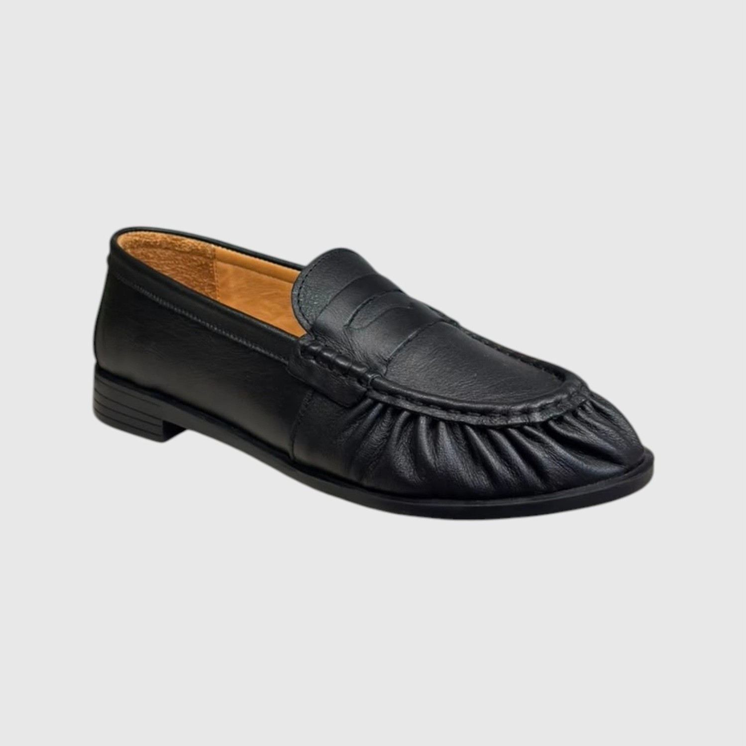 Myfit Shoes 614 Kadın Hakiki Deri Büzgülü Günlük Loafer Ayakkabı Siyah görsel 3