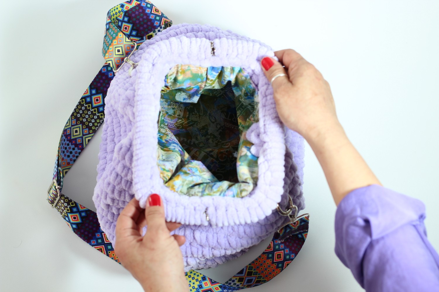Mercan Designs Lila Kadife Ipli Şık Clutch Çanta görsel 5