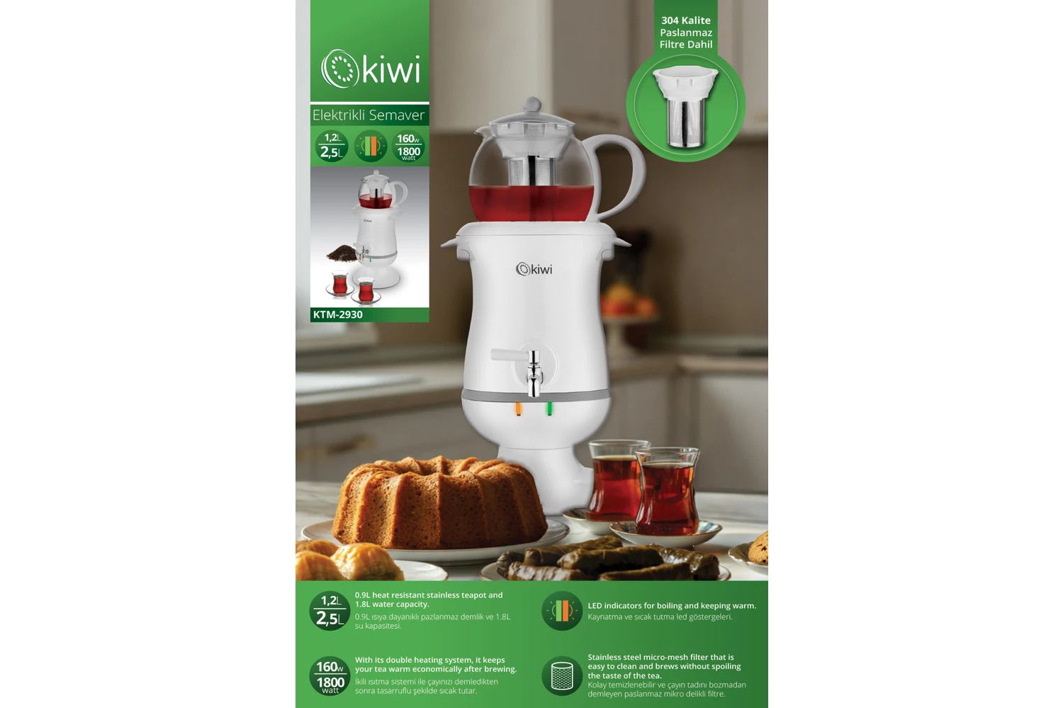 Resim Elektrikli Semaver Çay Makinesi KTM-2930 2,5 Lt Kapasite 