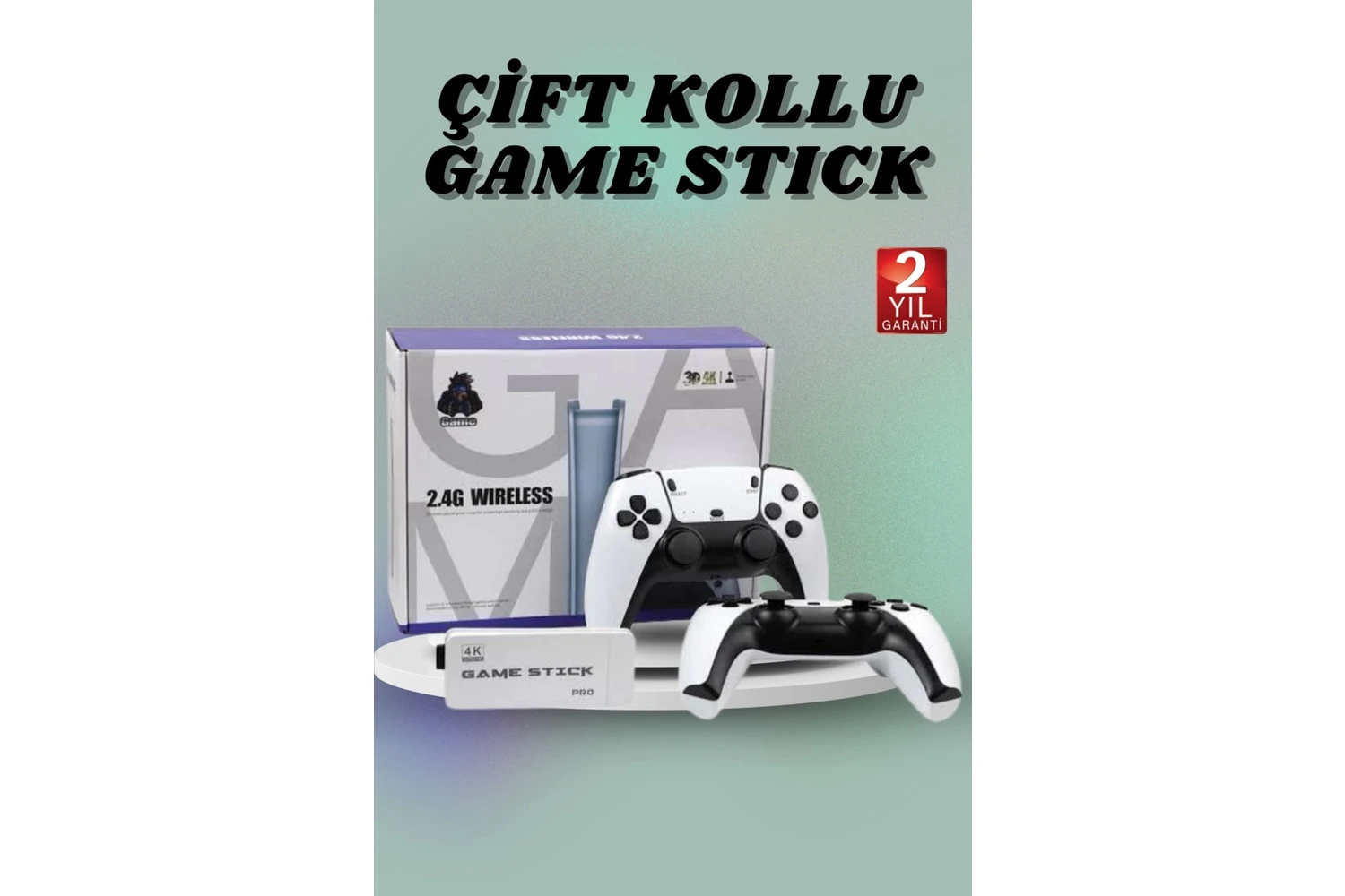 Resim Çift Oyun Kollu 4K Hd Ekran Nostaljik 20.000 Oyunlu Beyaz Game Stick 