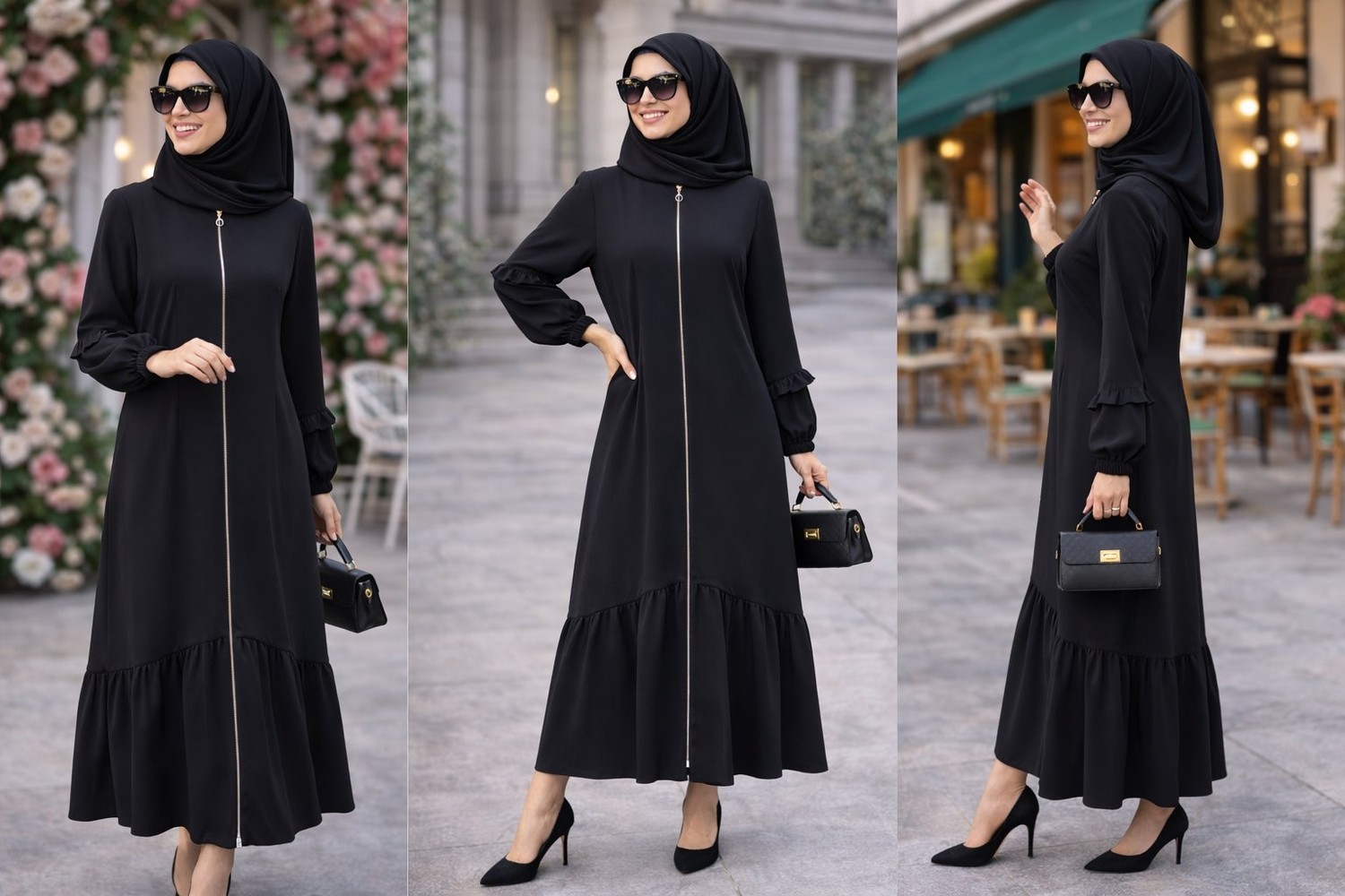 Fresh Moda Kadın Fermuarlı Fırfır Detaylı Günlük Rahat Kesim Ferace görsel 5