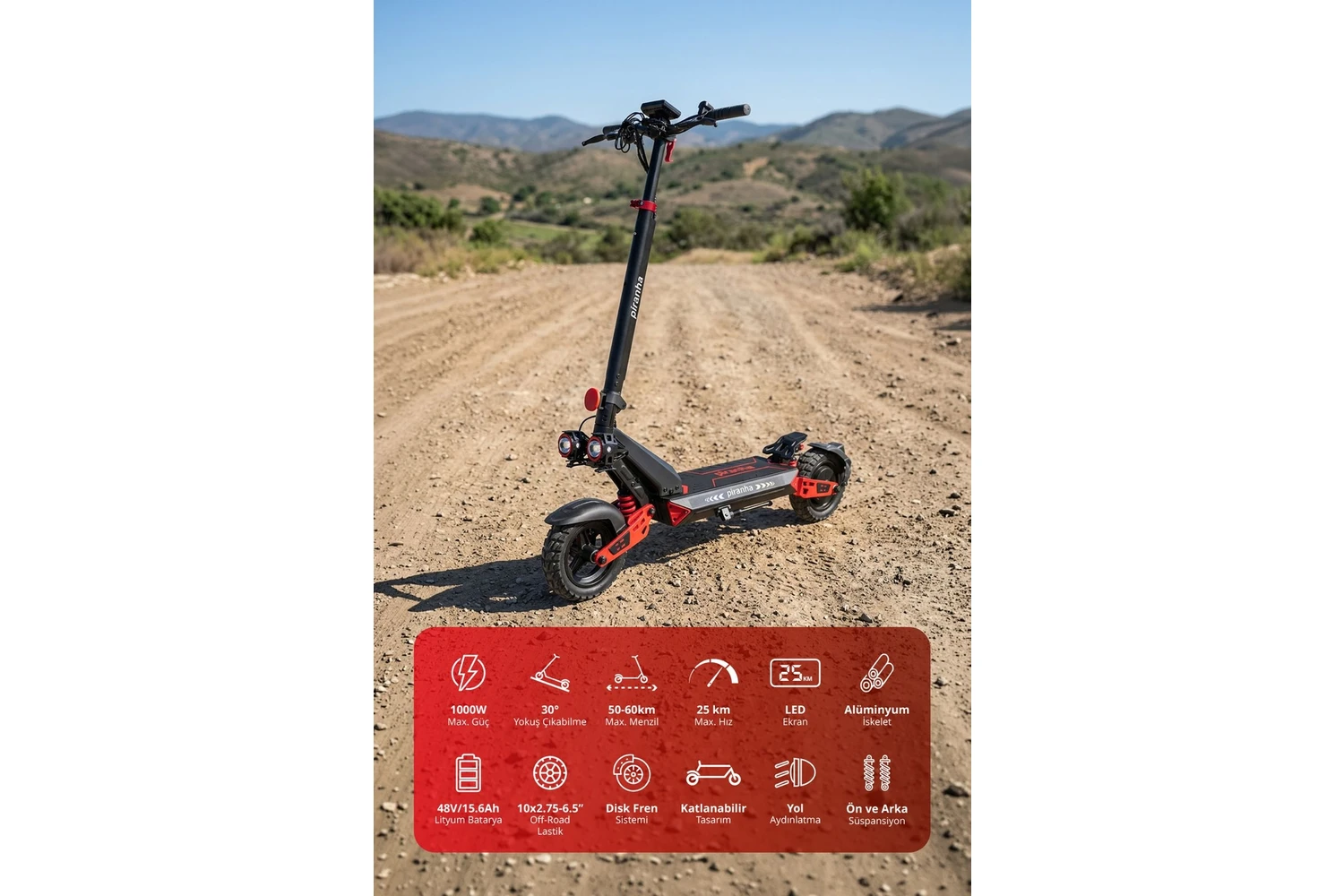 Resim Piranha 5025 K 1000W Elektrikli Scooter | 48V 15.6AH | 50-60 Km Menzil | Katlanabilir | Çift Süspansiyon | Off-Road Lastik 