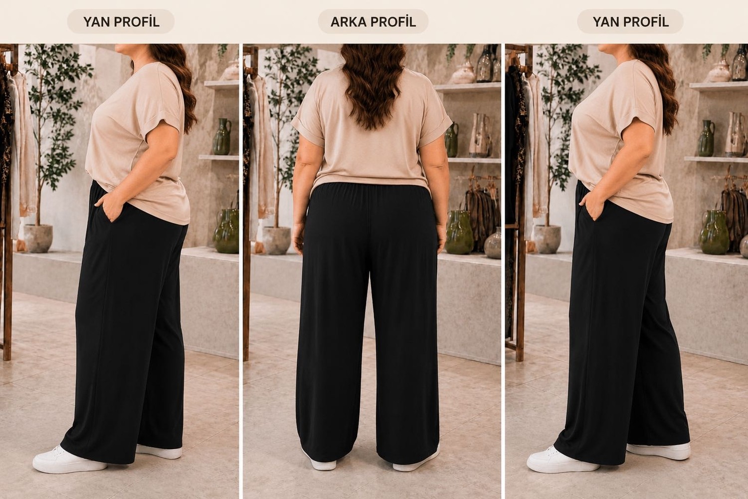 Store Büyük Beden Yazlık Düz Siyah Renk Penye Kadın Şalvar Pantolon görsel 2