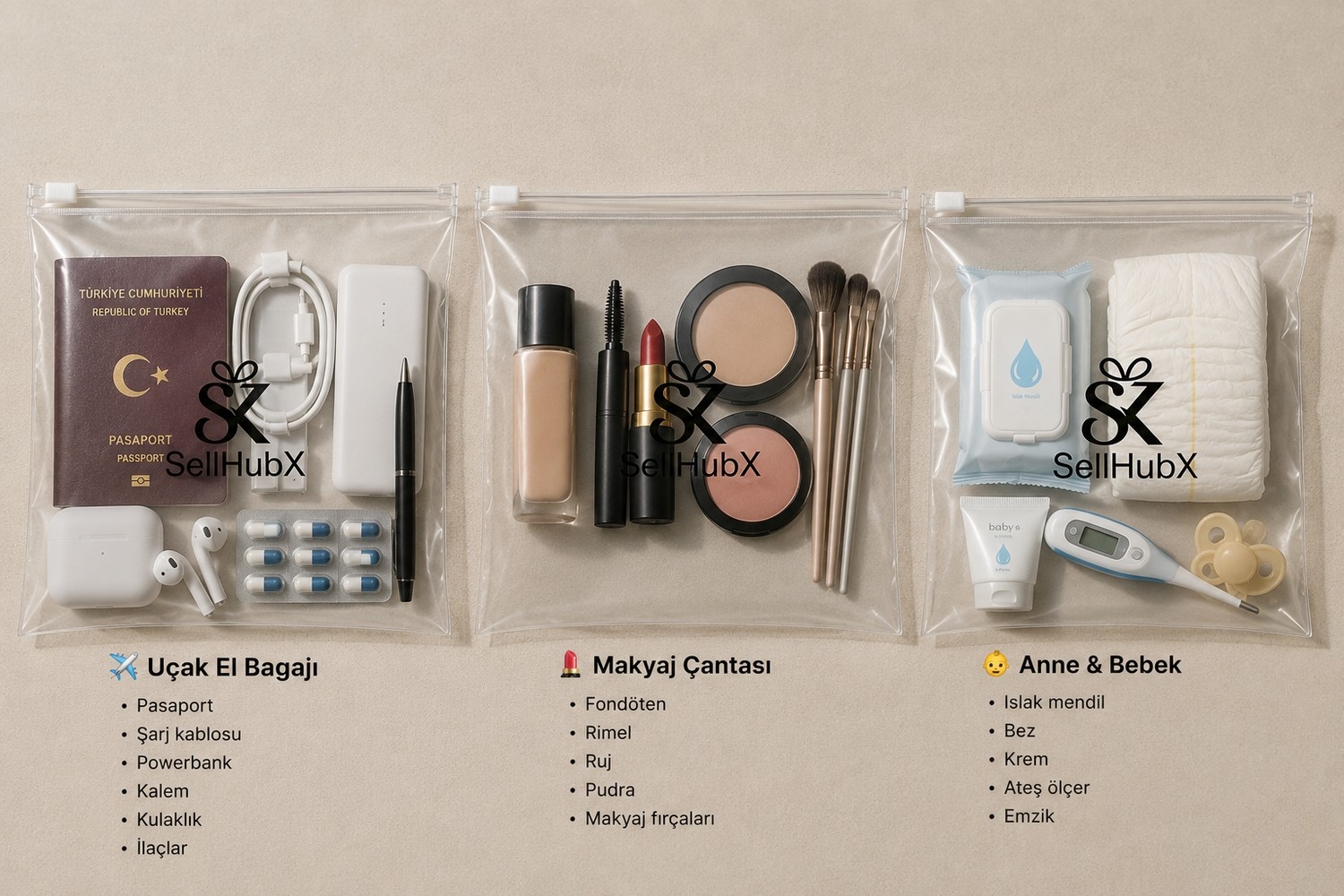 SellHubX 3'lü Fermuarlı Çok Amaçlı Düzenleyici Çanta Seti (30 x 26 Cm), Seyahat, Plaj, Valiz ve Günlük Kullanım Için Şeffaf Organizer görsel 8