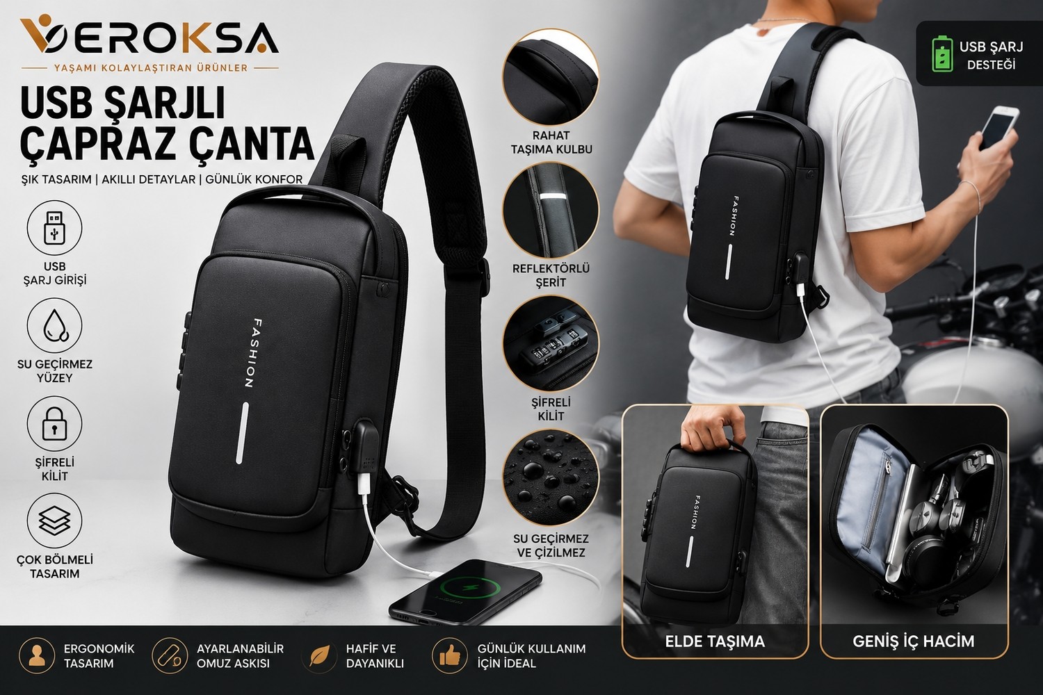 Veroksa USB Şarjlı Çapraz Omuz Çantası | Şifre Kilitli, Su Geçirmez, USB Çıkışlı, Çok Bölmeli | Powerbank Seçenekli