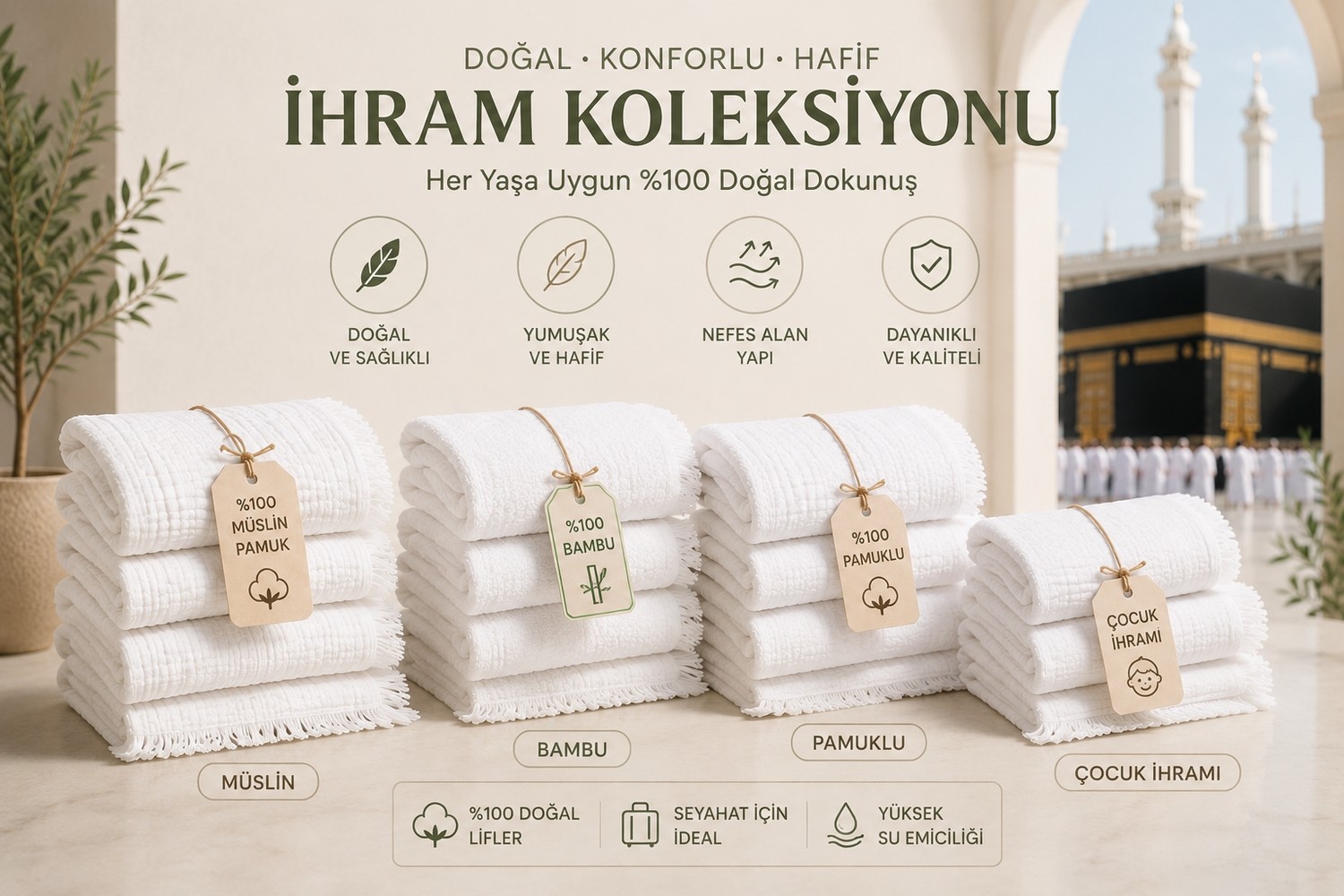Luna Sacra %100 Pamuk 110X220 cm 1300 Gram Yetişkin Hac Umre Ihramı görsel 2