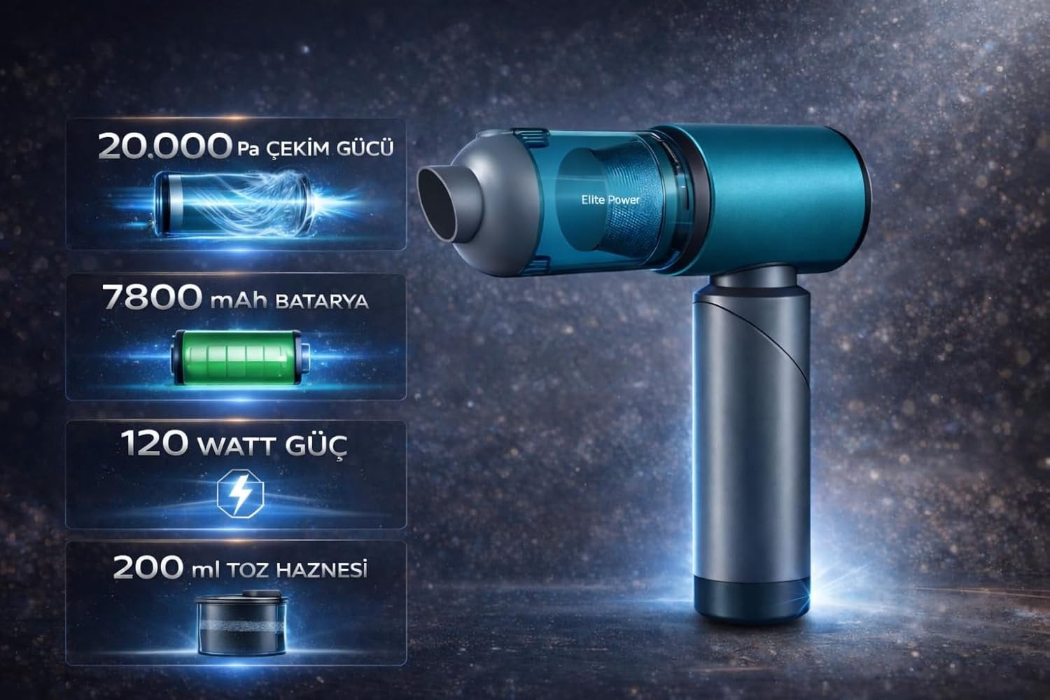 OEM 20.000 Pa Kablosuz El Süpürgesi, 120W Güç, 7800 Mah Batarya, 200 ml Toz Haznesi, 8 Başlıklı, Taşıma Çantalı Mini Araç & Ev Süpürgesi (Mavi) görsel 2