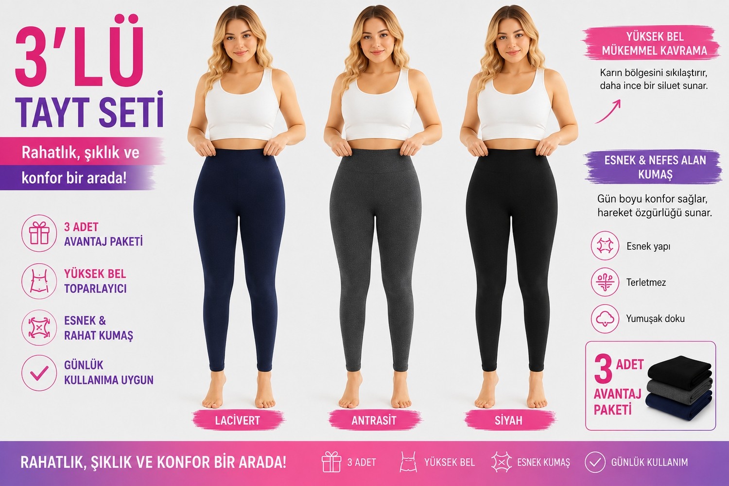 don-x | Kadın Süper 3 'lü Termal Tayt Set 3 Renk Lacivert,antrasit,siyah ( 3 Adet )