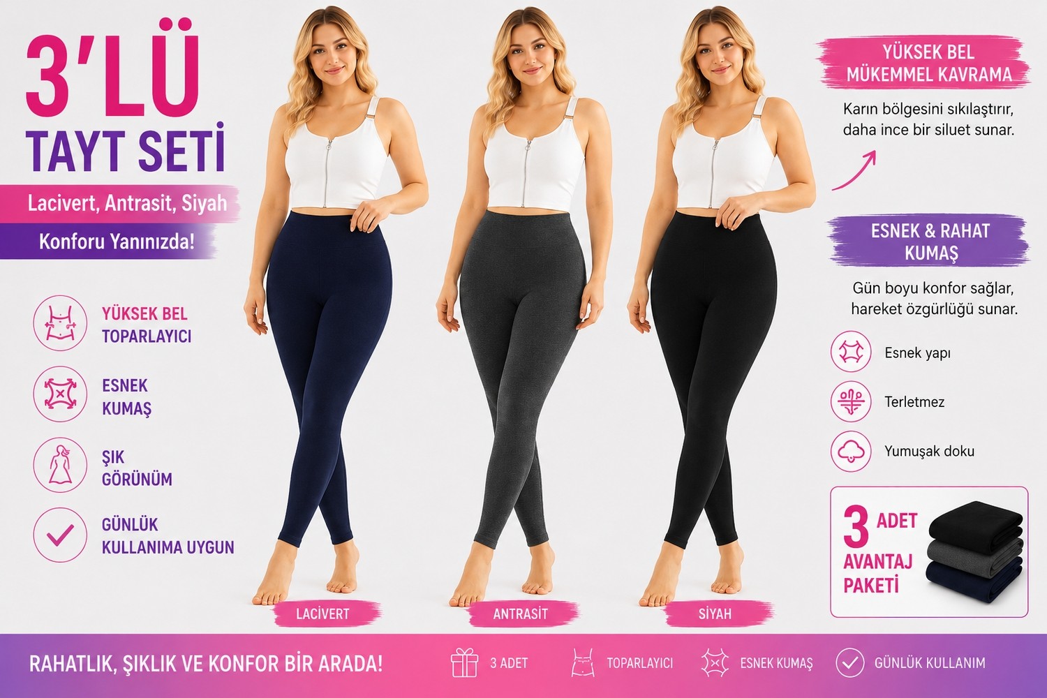 don-x | Kadın Süper 3 'lü Termal Tayt Set 3 Renk Lacivert,antrasit,siyah ( 3 Adet ) görsel 6