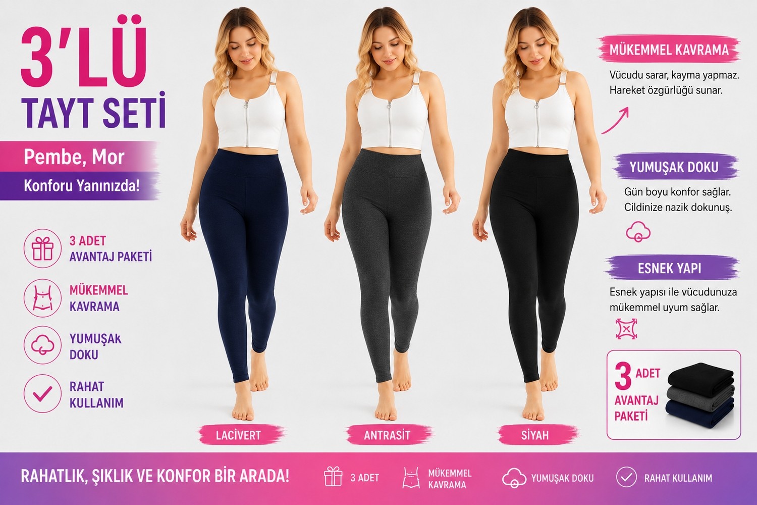 don-x | Kadın Süper 3 'lü Termal Tayt Set 3 Renk Lacivert,antrasit,siyah ( 3 Adet ) görsel 8