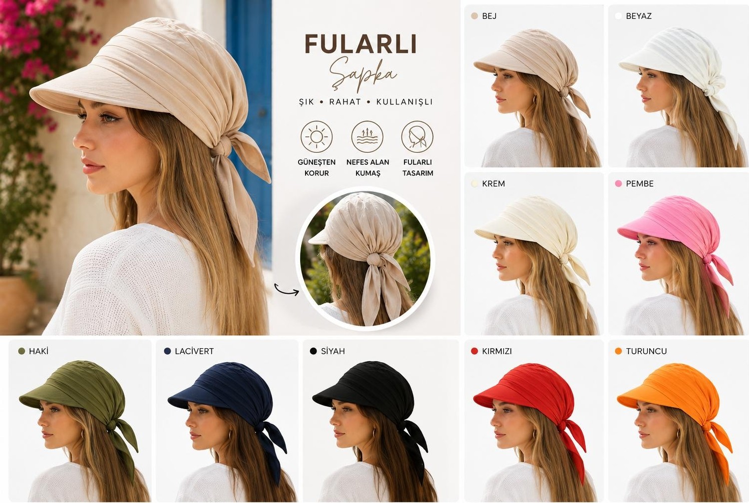 Wearflawless Kadın Safari Bağlamalı Siperli Bandana Şapka, Yazlık Güneşlik Şapka Plaj Deniz Vizör Şapka görsel 4