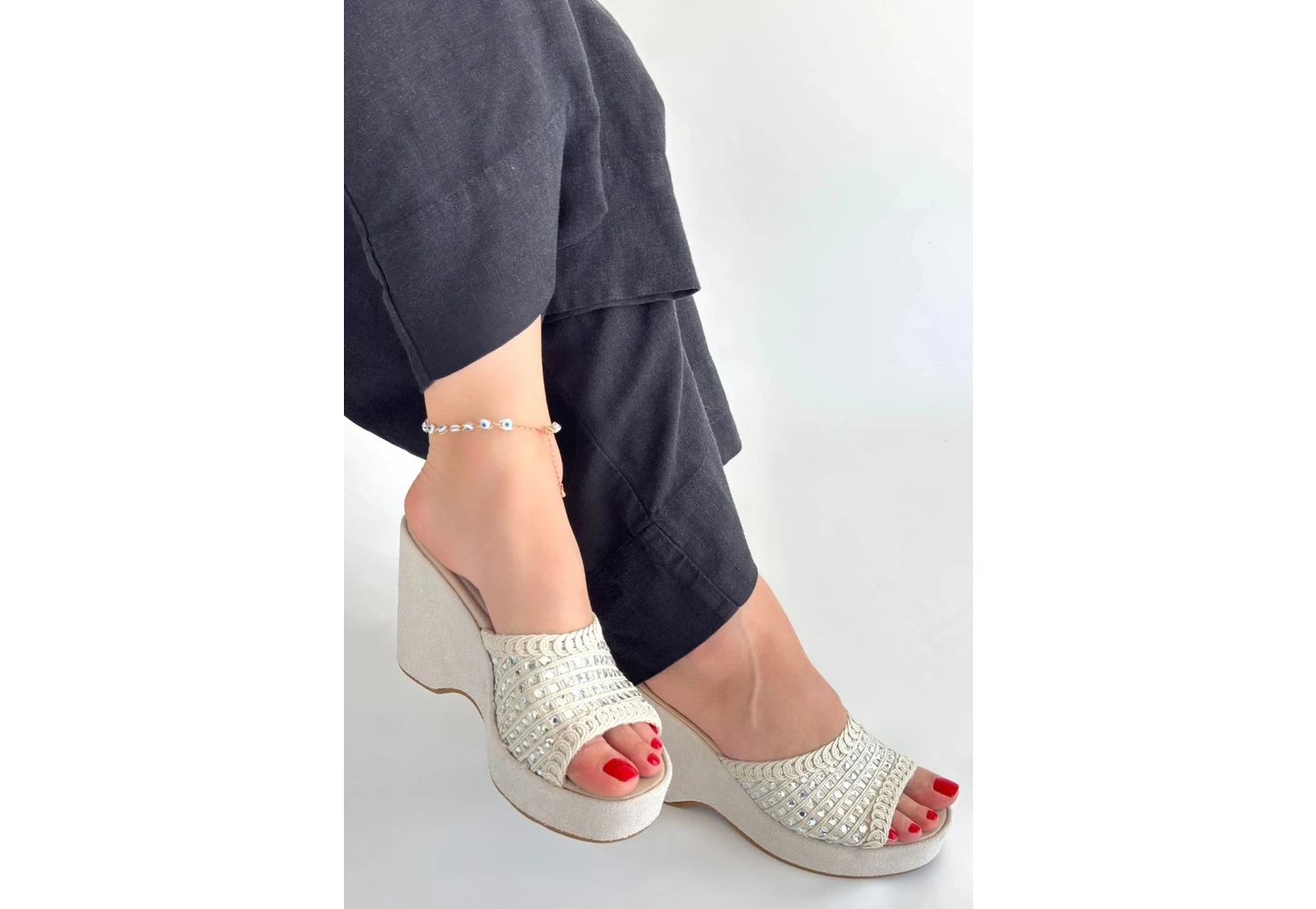 Resim Moka Bej Triko Dolgu Topuk Terlik 