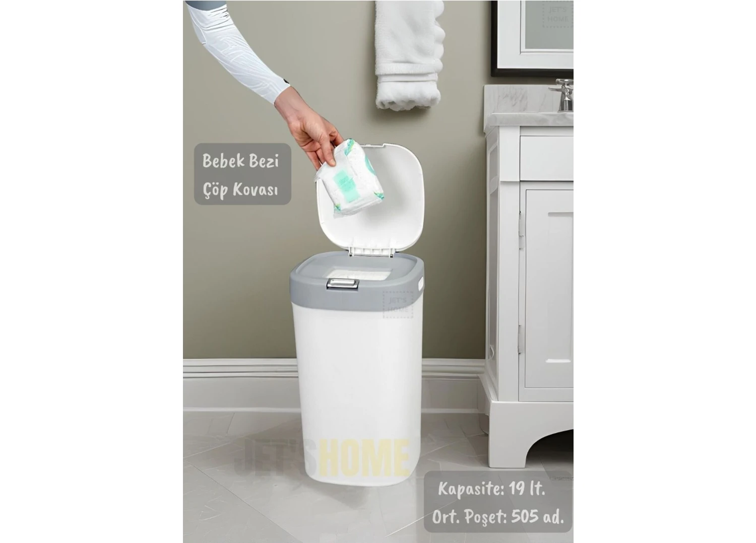 Resim Kokusuz Bebek Bezi Kovası 19 Lt, Kendinden Poşetli ve Kartuşlu Tasarım 