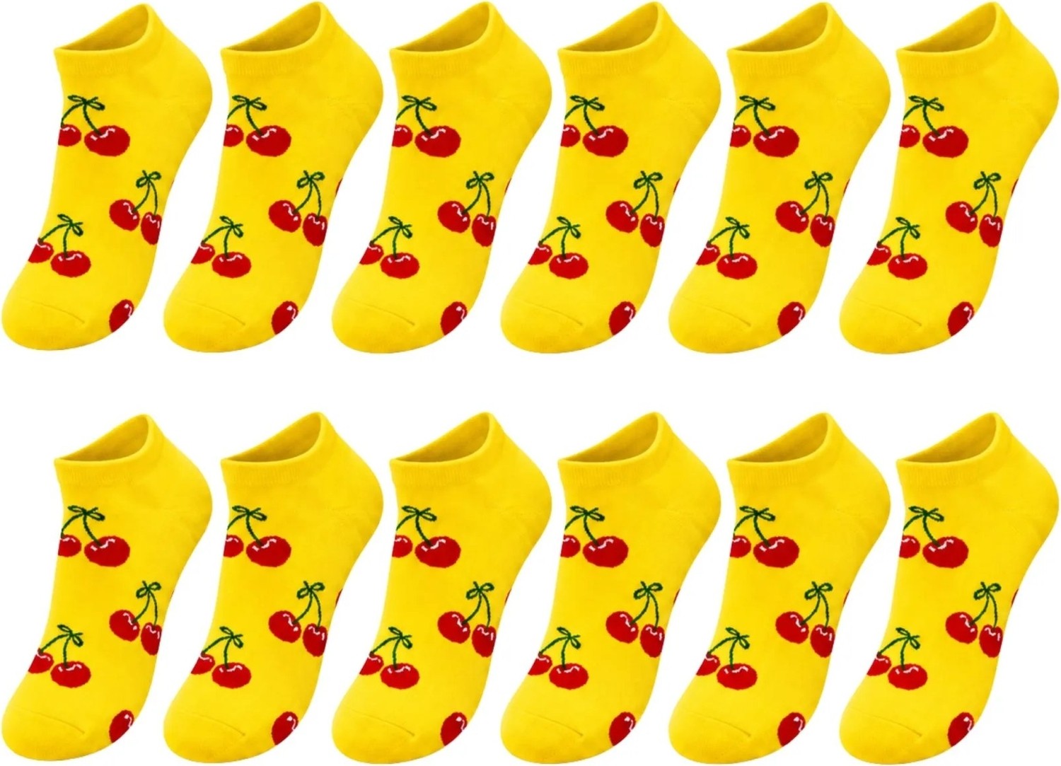 COjans Kadın Kiraz 12'li Desenli Patik Çorap Sarı Pamuklu Dikişsiz Sneaker Uyumlu Eğlenceli Günlük Set