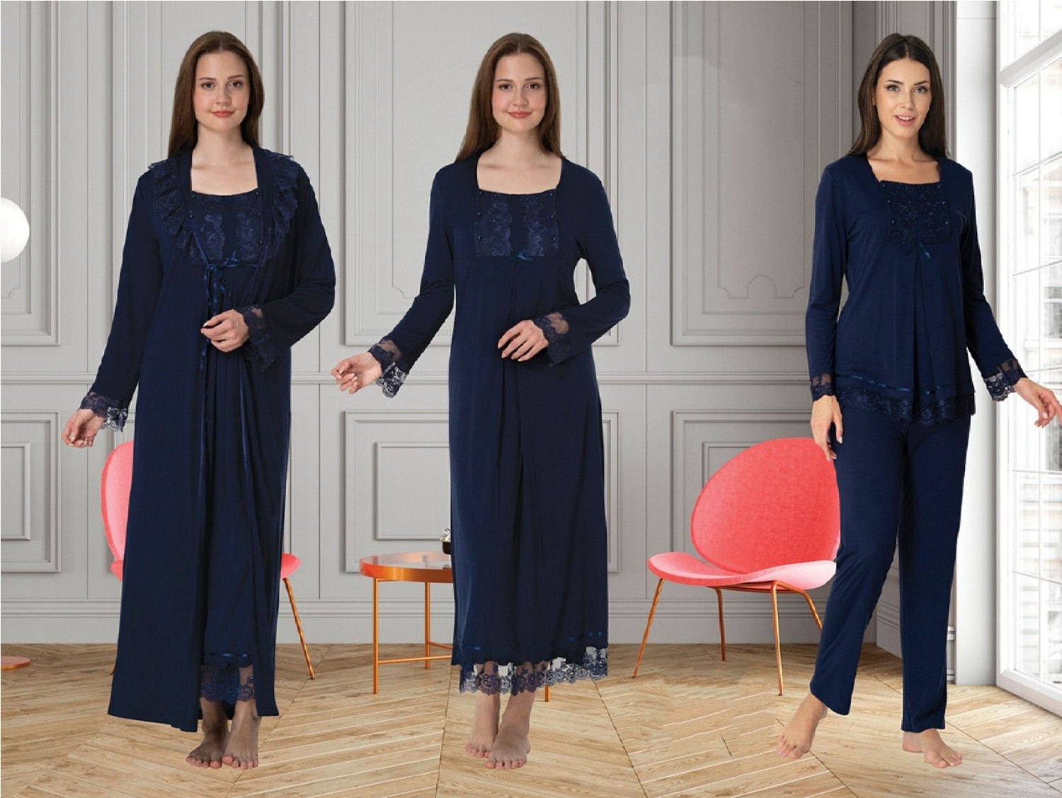 Effort Dvina Effortt Lohusa 4'lü Set - Sabahlık/pijama Takımı/gecelik Mavi - 3046 görsel 6