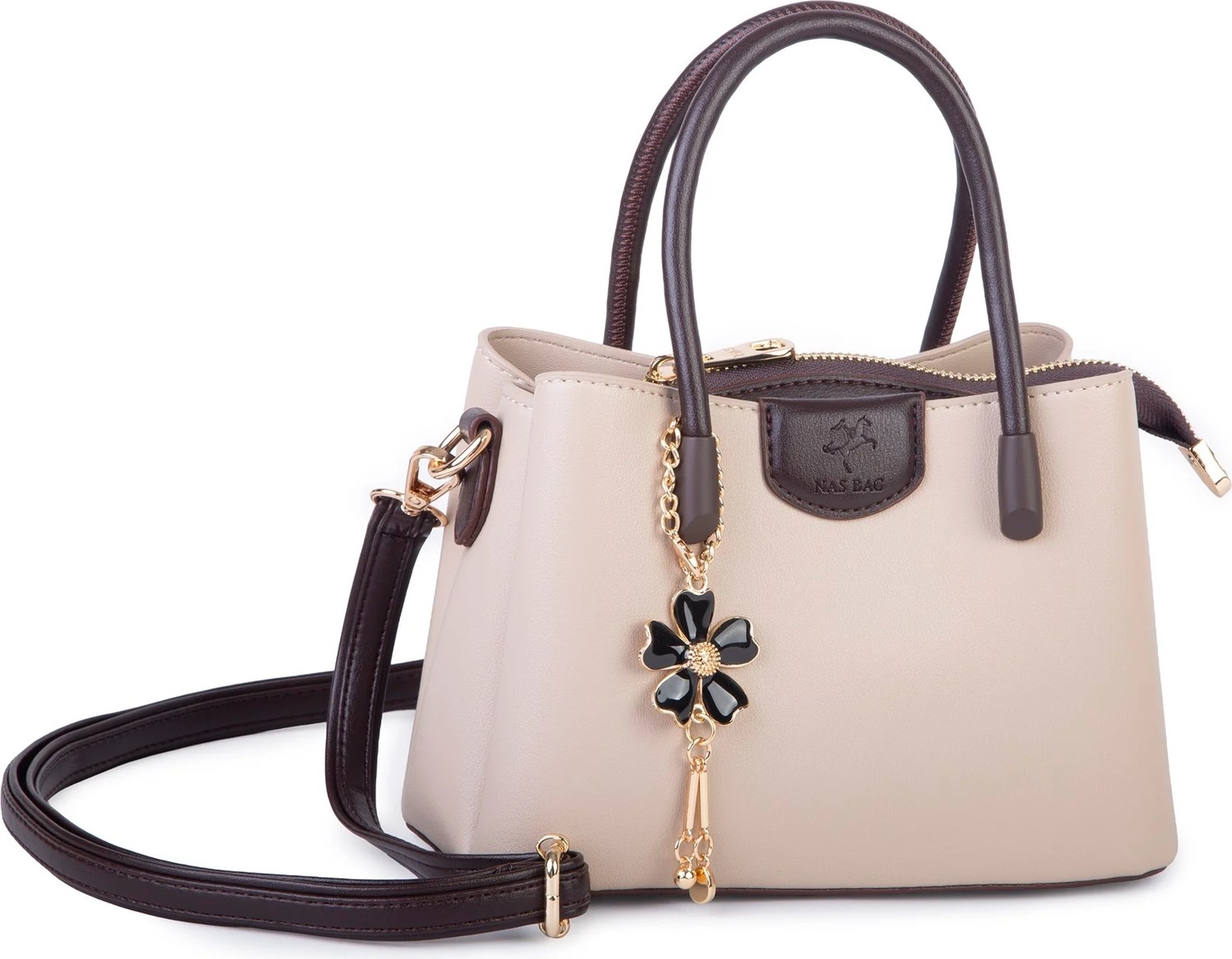 Nas Bag Mini Çiçek Charmlı Kadın Şık El ve Çapraz Çanta (En 25 cm ;boy 22 cm ) Kum Kahve