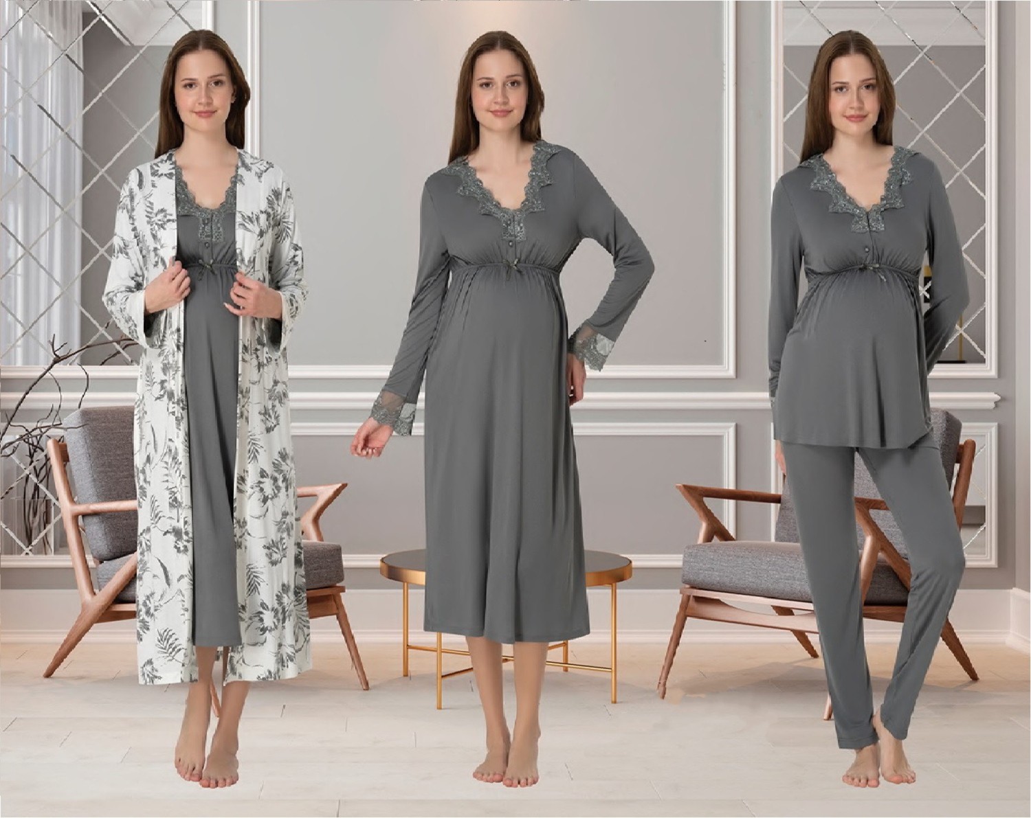 Effort Dvina Effortt Lohusa 4'lü Set - Sabahlık/pijama Takımı/gecelik Ekru - 8096