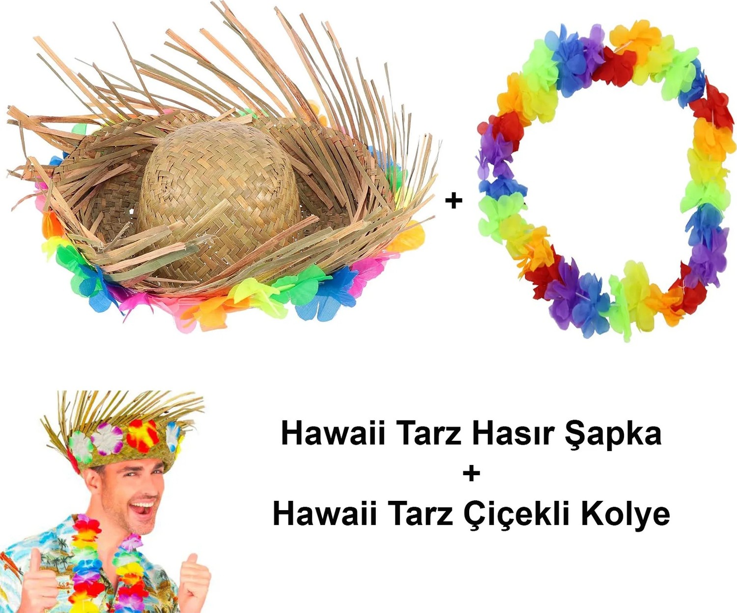 TeknoKapsül Hawaii Tarzı Tropikal Çiçekli Hasır Şapka ve Çiçekli Hawaii Kolye