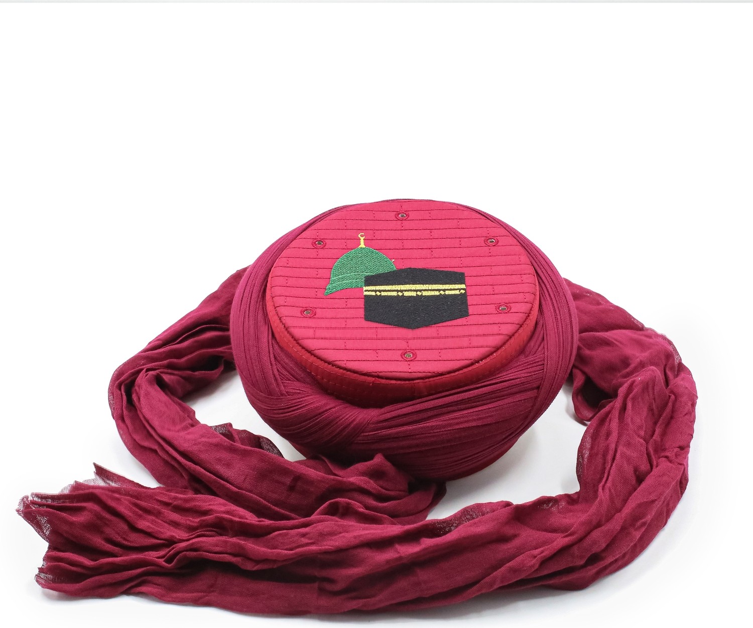 İhvan Online Bordo Hac Umre Sarığı Mekke Medine Nakışlı Takke Çapraz Sarım 7 Metre Taylasanlı Sarık görsel 2