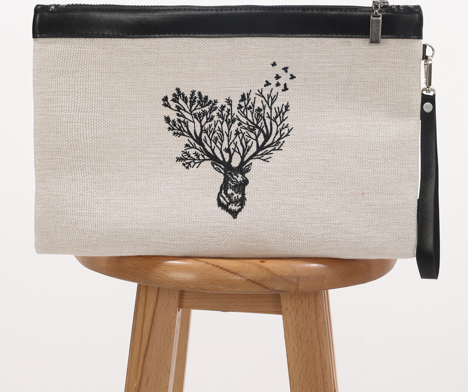 Ju Yaratıcı Tasarım Nakışlı Işlemeli Portföy ve Clutch Çanta Geyik Kuş
