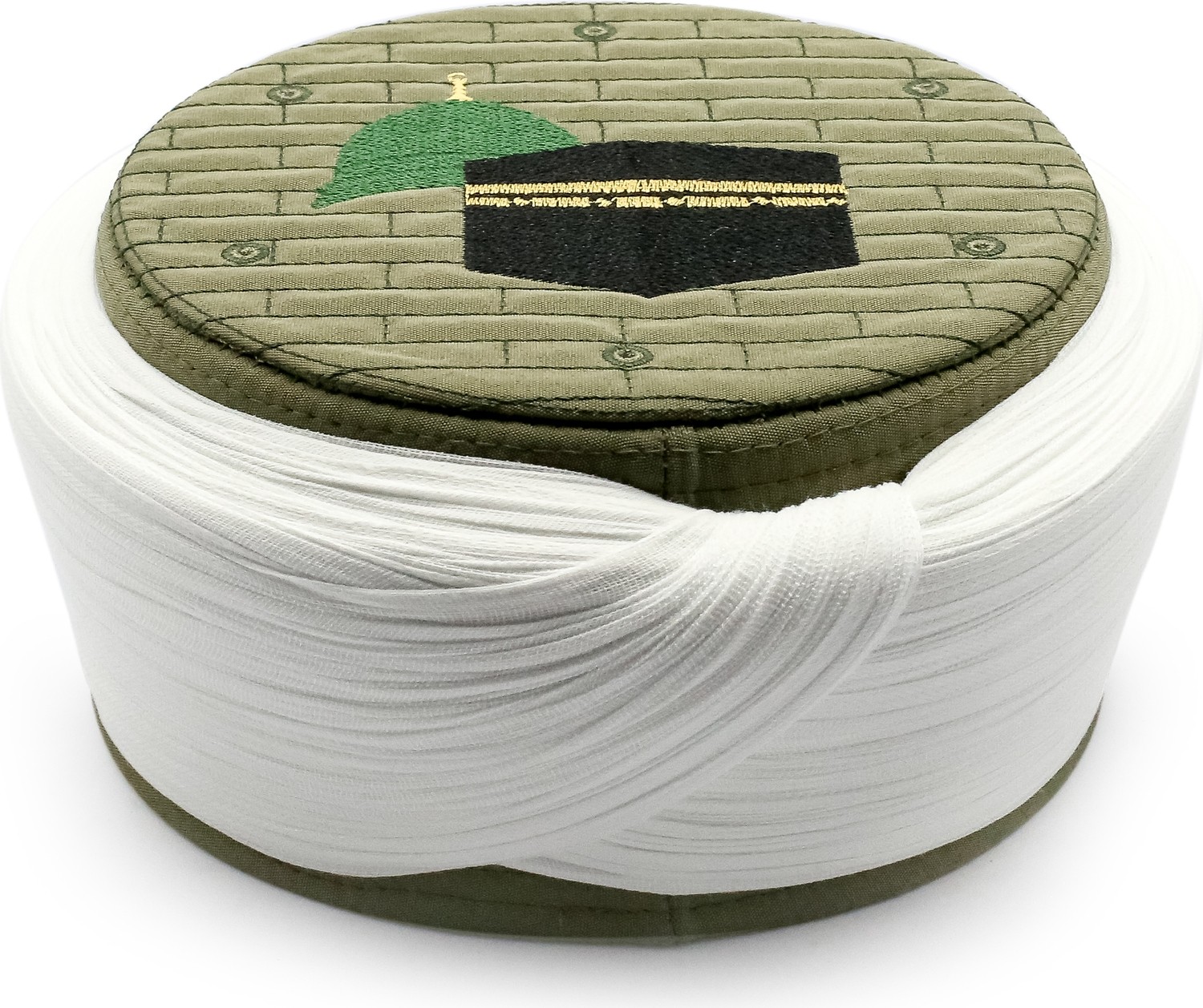 Sarıkhane Hac Umre Sarığı, Beyaz Kumaş, Yeşil Takke, Düz Sarım, Mekke-Medine, 5 Metre