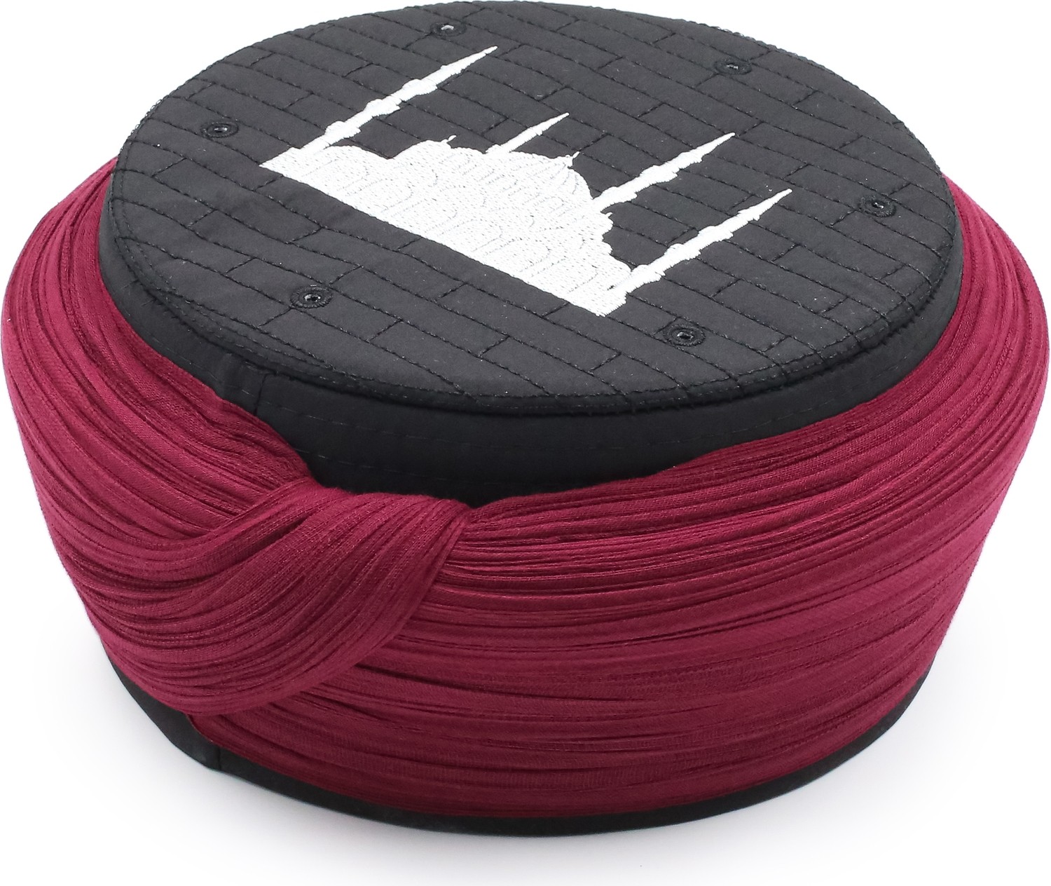 Sarıkhane Cami Sarığı, Bordo Kumaş, Siyah Takke, Düz Sarım, Cami Nakışlı, 5 Metre görsel 2