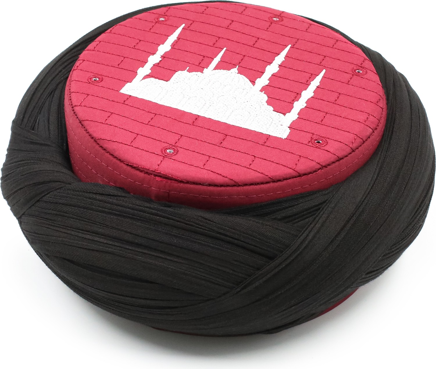 Sarıkhane Cami Sarığı, Siyah Kumaş, Bordo Takke, Çapraz Sarım, Cami Nakışlı, 7 Metre görsel 3