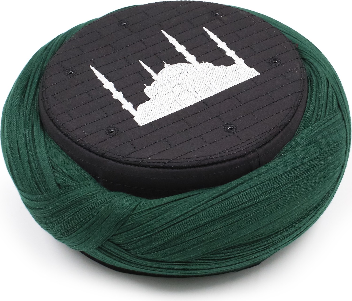 Sarıkhane Cami Sarığı - Yeşil Kumaş - Siyah Takke - Çapraz Sarım - Cami Nakışlı - 7 Metre görsel 2