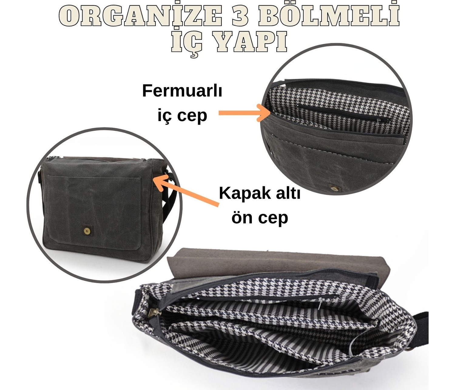 Dark Cotton 7503 Hakiki Deri Camel Kapaklı Suya Dayanıklı Mumlu Kanvas 15” Laptop, Okul, Evrak Seyahat Çantası görsel 3