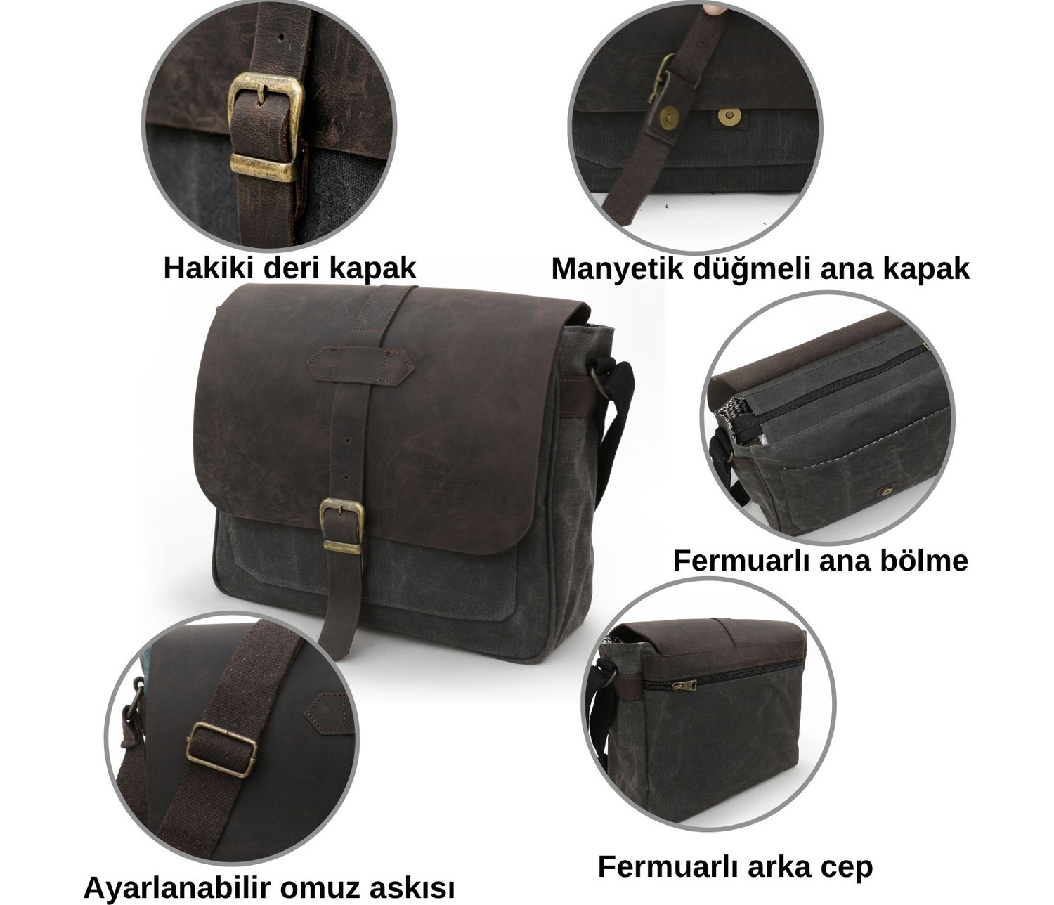 Dark Cotton 7503 Hakiki Deri Camel Kapaklı Suya Dayanıklı Mumlu Kanvas 15” Laptop, Okul, Evrak Seyahat Çantası görsel 4