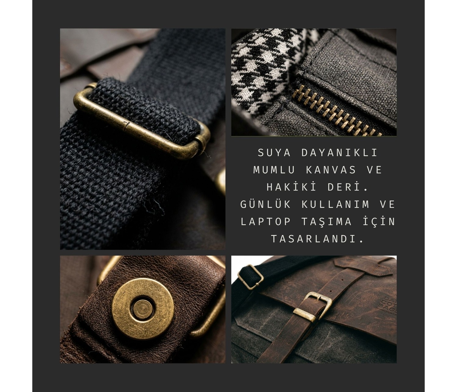 Dark Cotton 7503 Hakiki Deri Camel Kapaklı Suya Dayanıklı Mumlu Kanvas 15” Laptop, Okul, Evrak Seyahat Çantası görsel 5