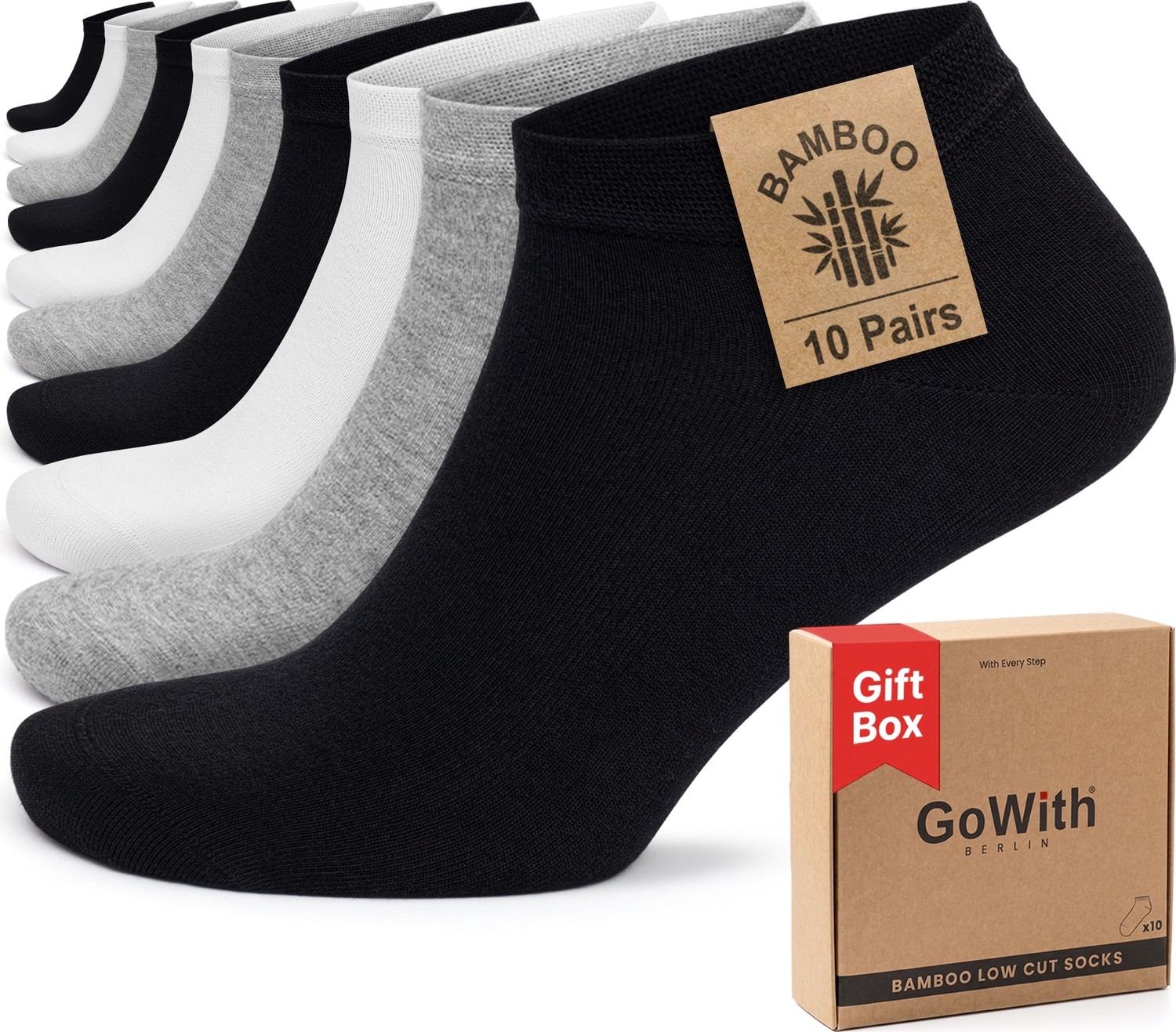 GoWith 10'lu Bambu Premium Dikişsiz Kutulu Nefes Alabilir Erkek Kadın Sneaker Çorap, Likralı 200 Iğne Esnek Sıkmayan Siyah Beyaz Gri Kısa Patik Çorabı 3006