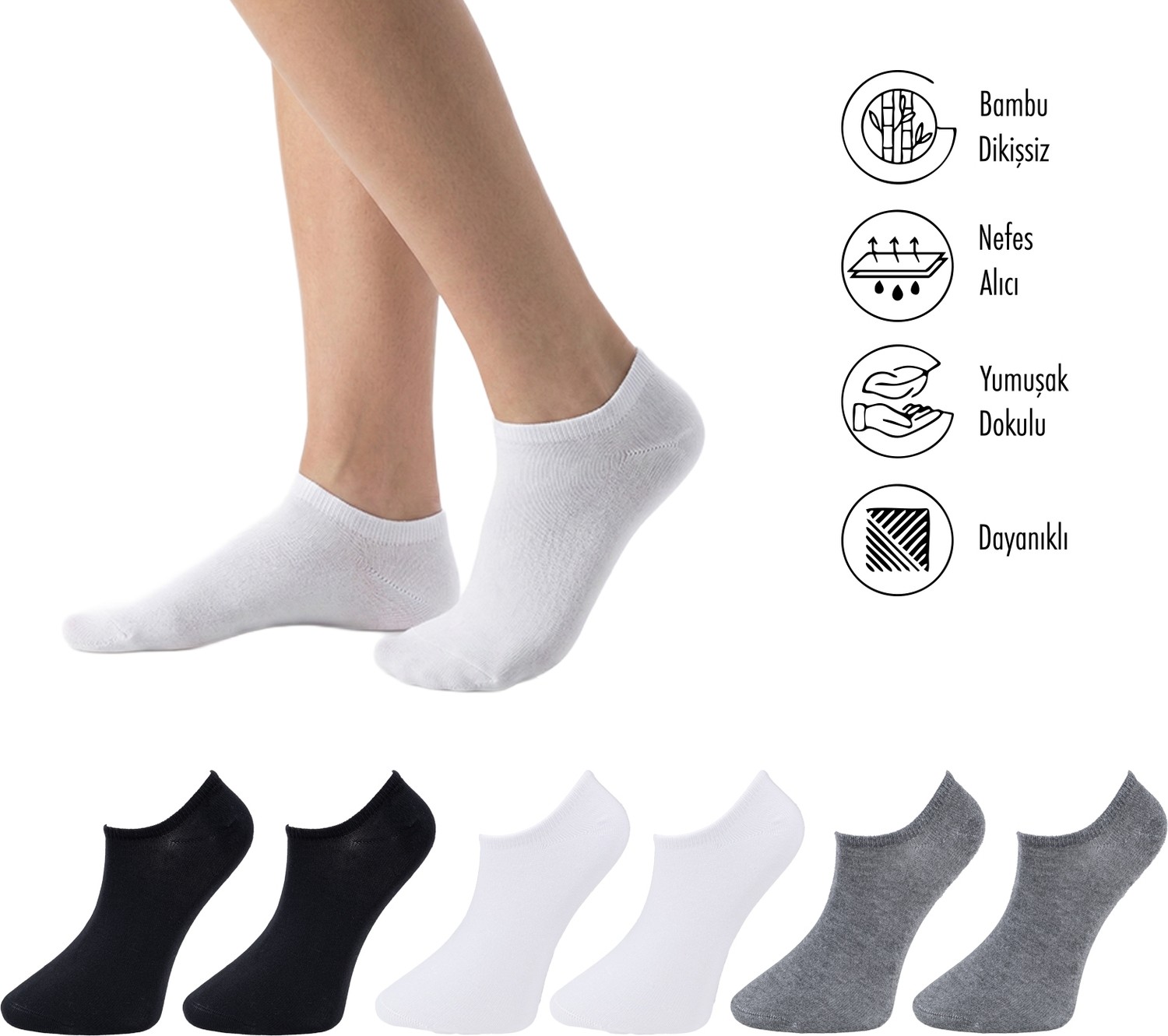 Lion Monroe Saf Bambu Erkek Sneaker Siyah Çorap Dikişsiz Görünmez Bilekte Spor Çorap Premium 6'lı L5952AZNB Softaura görsel 5