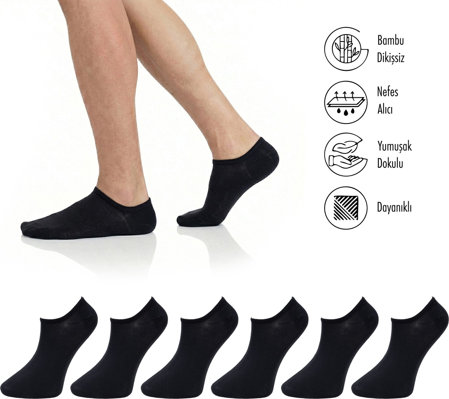 Lion Monroe Saf Bambu 4 Mevsim Erkek Sneaker Beyaz Çorap Dikişsiz Görünmez Bilekte Spor Çorap Prime Comfort 6'lı S681AZNS