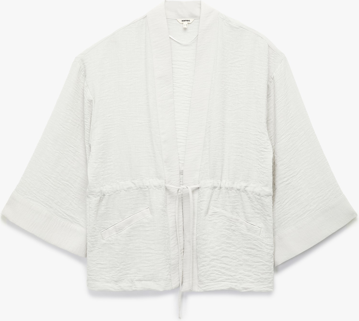 Koton Gri Uzun Kollu Cepli Dokuma Kimono Beli Bağcık Detaylı Desensiz Oversize Tasarım