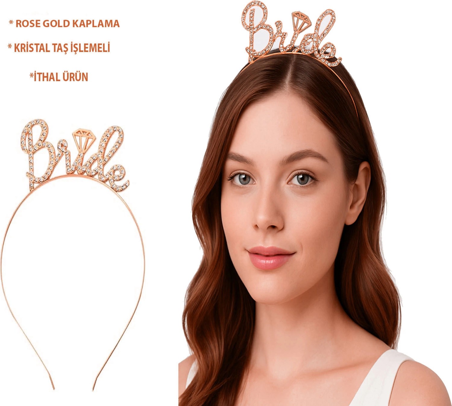Cotton Soft Rose Gold Renkli Taşlı “bride” Gelin Tacı, El Yazısı Yazı Tipiyle