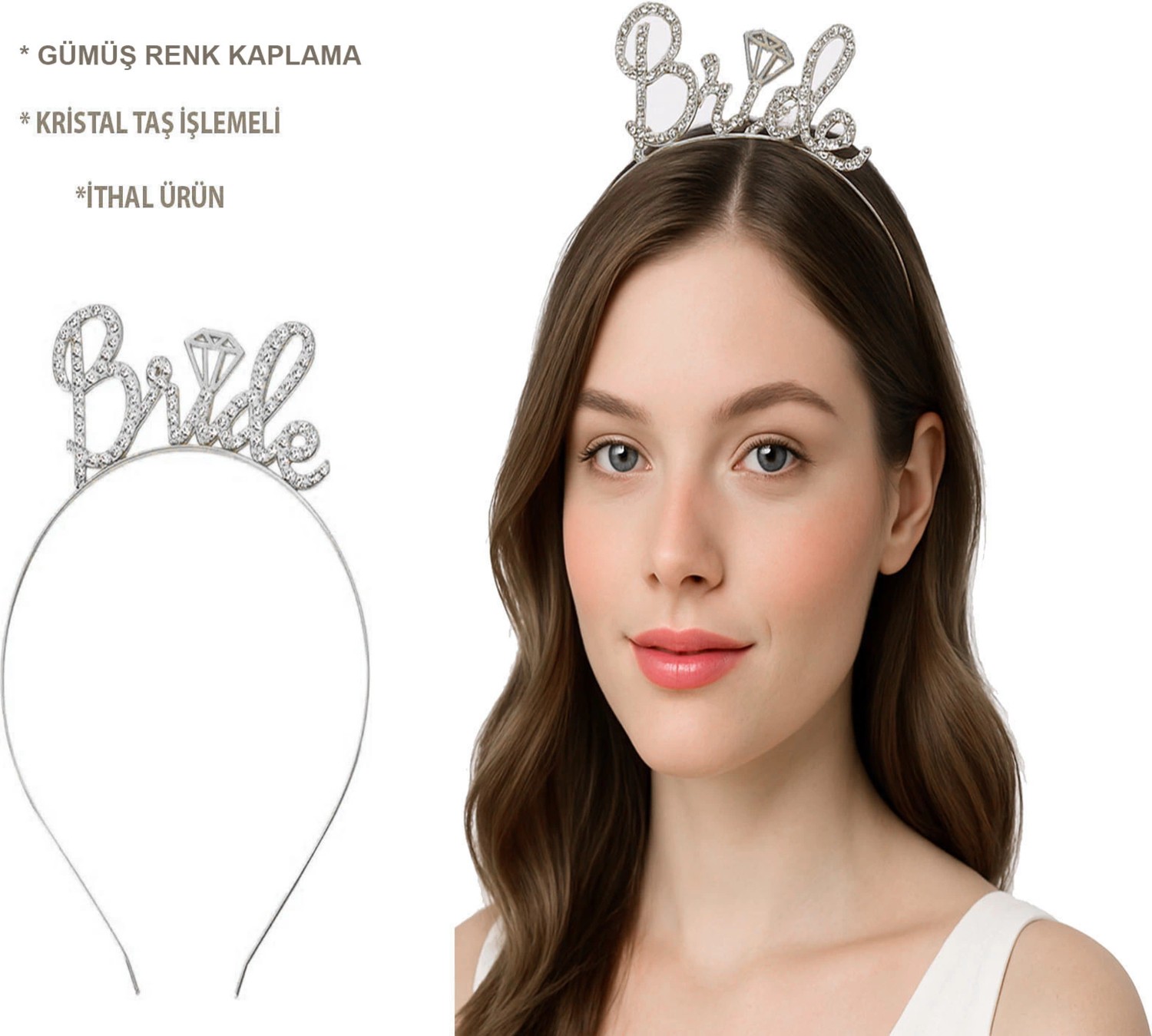 Cotton Soft Gümüş Renkli Taşlı “bride” Gelin Tacı, El Yazısı Yazı Tipiyle