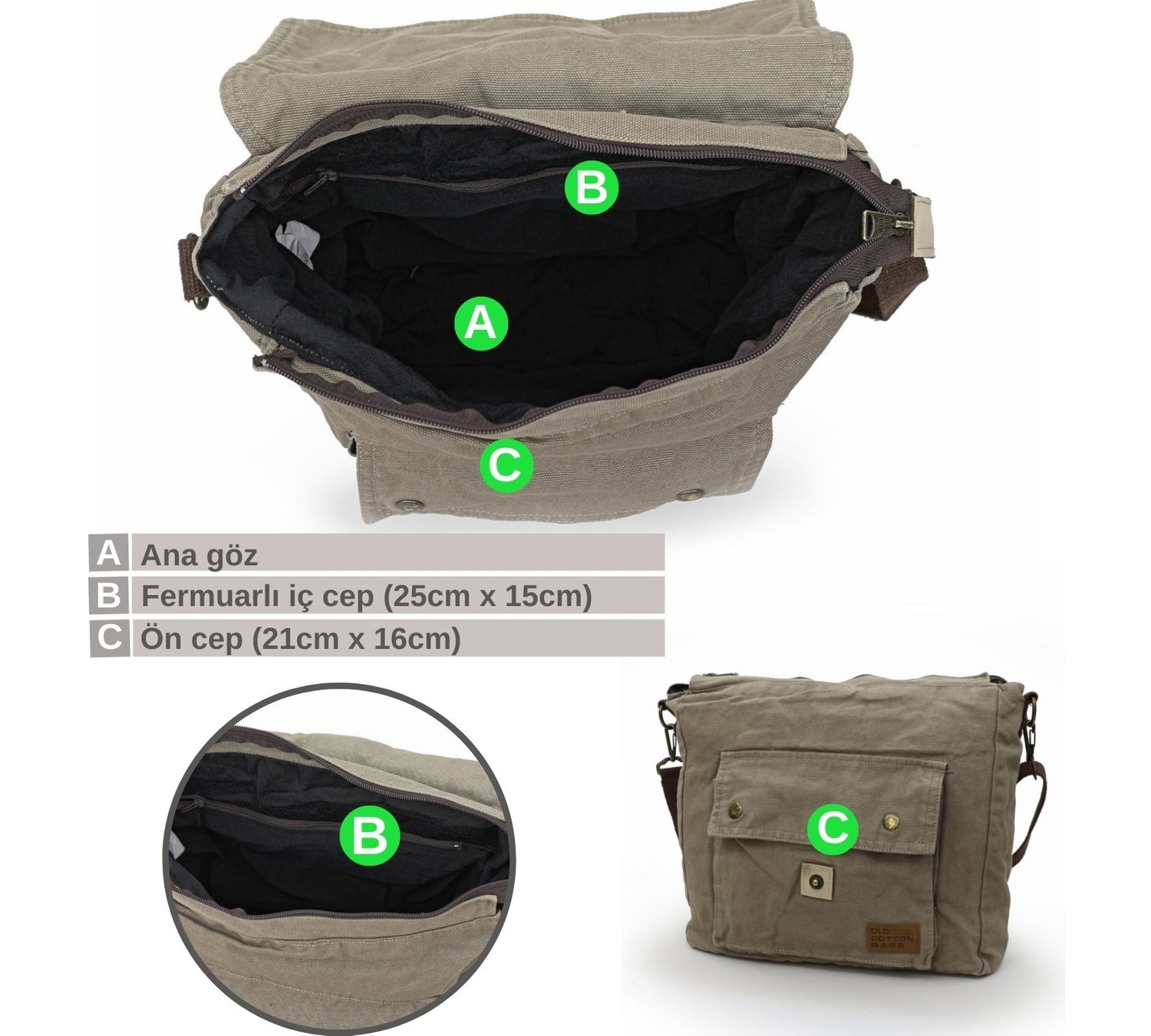 Old Cotton Cargo 7170 Haki Renkli Postacı Omuz Çantası Günlük Kullanım İçin Ergonomik Tasarım görsel 4