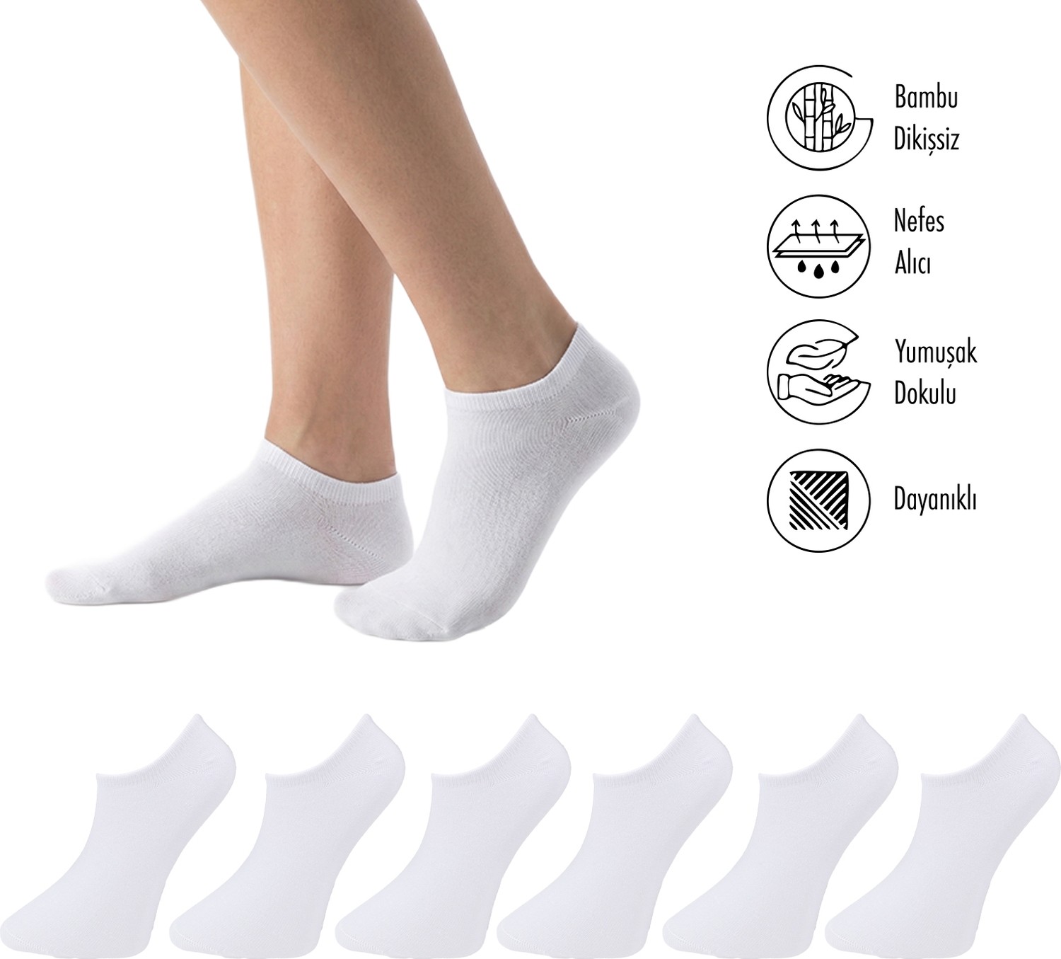 Lion Monroe Saf Bambu 4 Mevsim Erkek Sneaker Beyaz Çorap Dikişsiz Görünmez Bilekte Spor Çorap Prime Comfort 6'lı S681AZNS görsel 5
