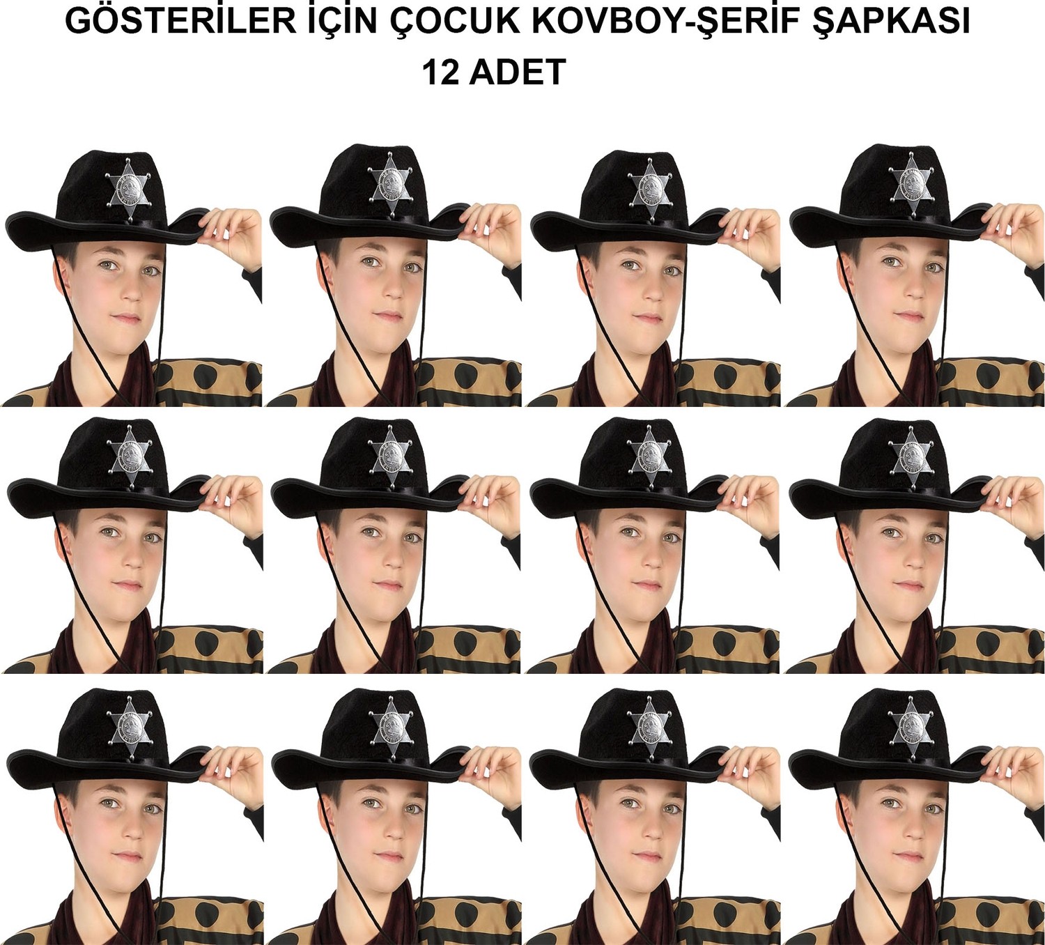 TeknoKapsül Kovboy Şerif Şapkası Siyah 12 Adet - Kostüm, Parti ve Gösteri Şapkası