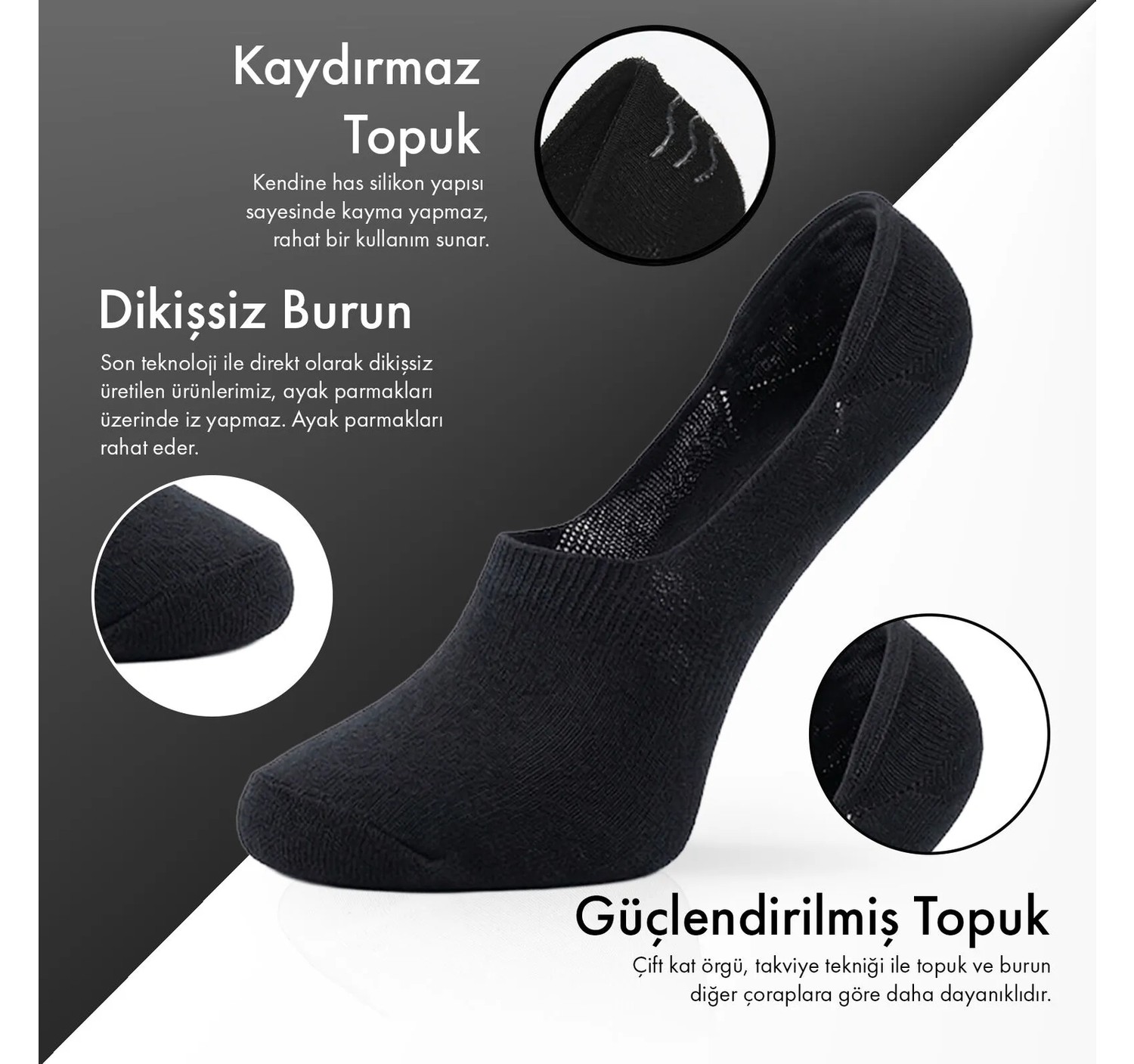 Lion Monroe Saf Bambu Kadın Babet Siyah - Gri Melanj Çorap Dikişsiz Görünmez Kaydırmaz Topuk Silikonlu Premium 6'lı Paket L5952AZNB Softaura görsel 3