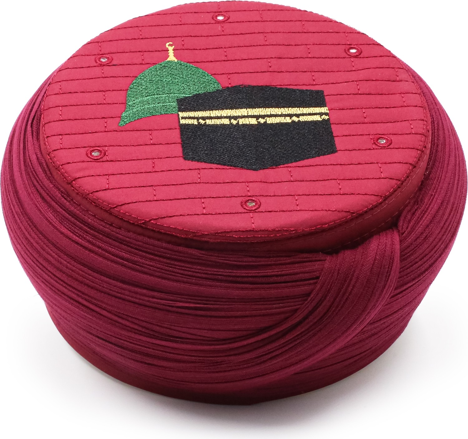 Sarıkhane Hac Umre Sarığı, Bordo Kumaş, Bordo Takke, Yuvarlak Sarım, Mekke-Medine, 5 Metre