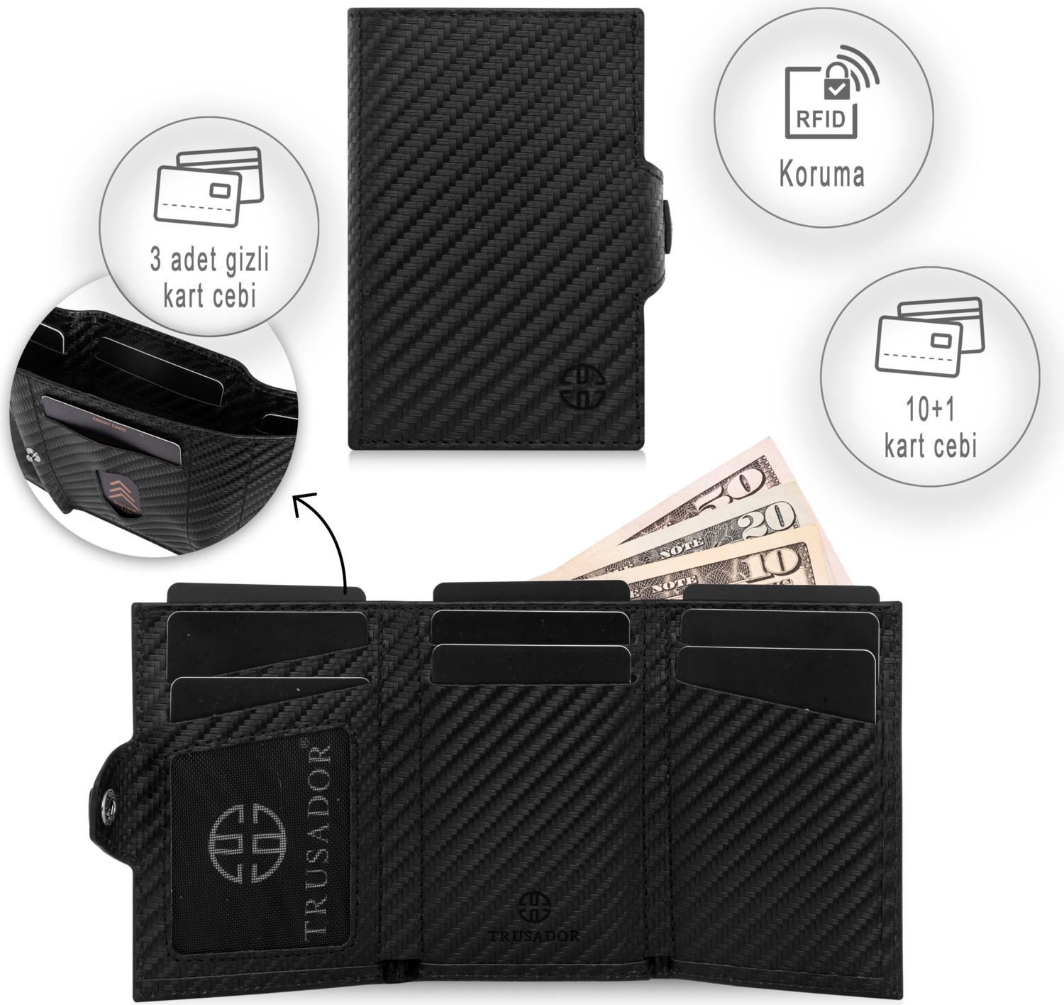 Trusador Toscana Carbon Kartlık Deri Cüzdan Unisex Rfid Korumalı Erkek Kadın Mini Hediye görsel 6