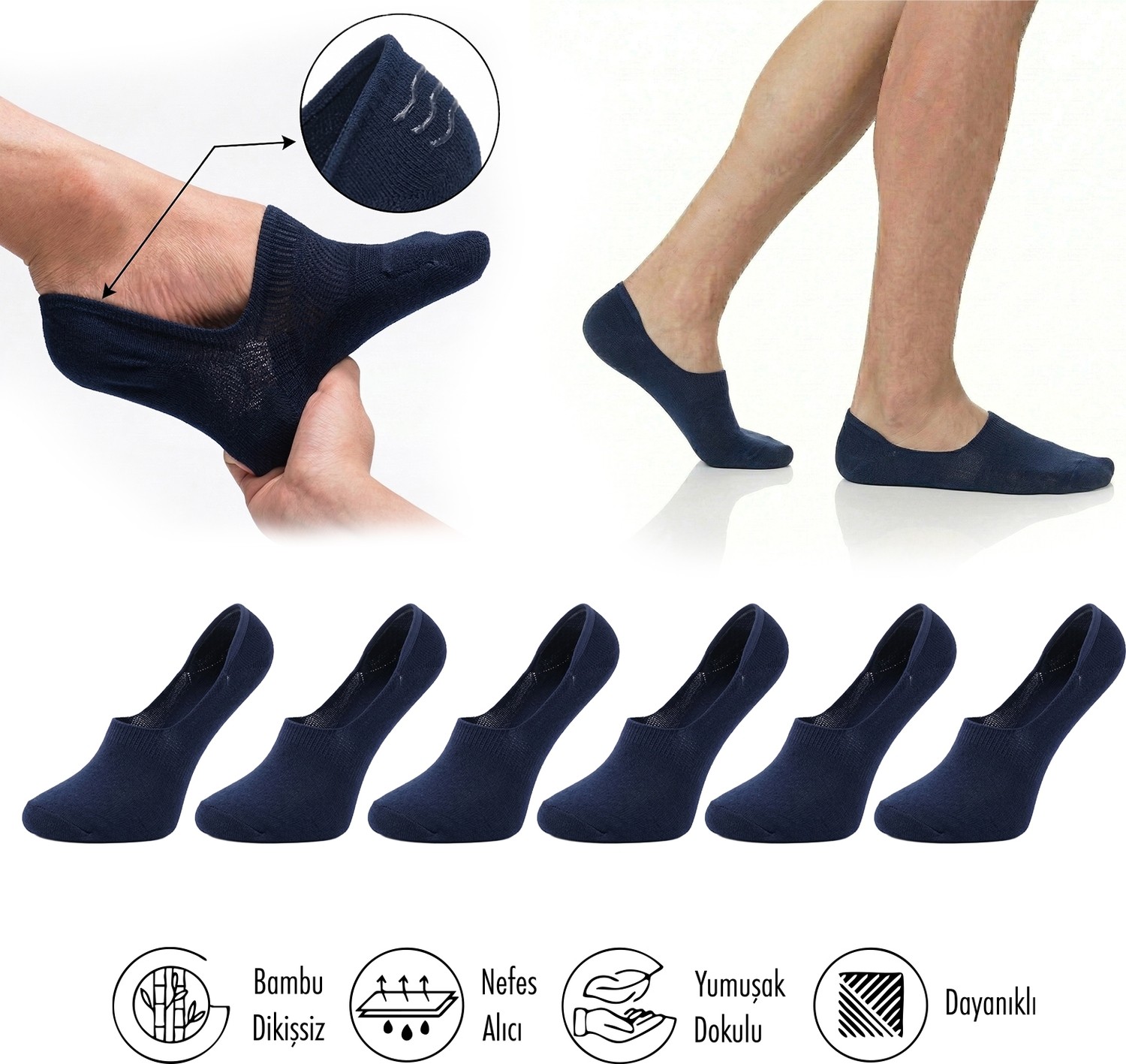 Lion Monroe Saf Bambu Kadın Babet Siyah - Gri Melanj Çorap Dikişsiz Görünmez Kaydırmaz Topuk Silikonlu Premium 6'lı Paket L5952AZNB Softaura