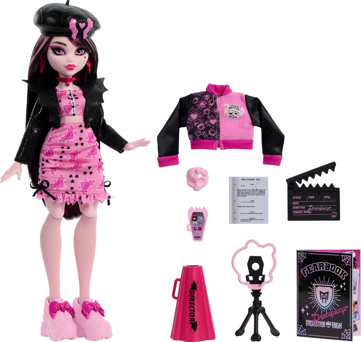 Die Grup Monster High Kolej Ceketi, Yıllık, Senaryo ve Film Dekorları Dahil, Film Kulübü Temalı Gizemli Yıllık Draculaura Bebek ve Aksesuar Seti, HXW30 görsel 2