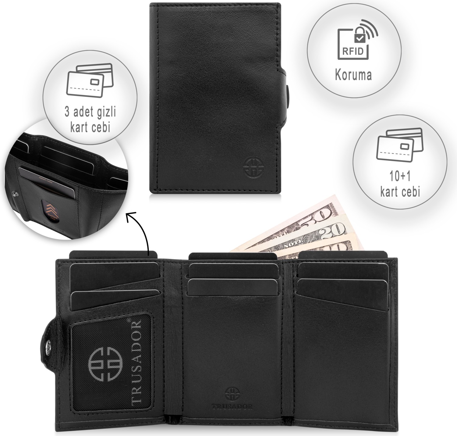 Trusador Toscana Carbon Kartlık Deri Cüzdan Unisex Rfid Korumalı Erkek Kadın Mini Hediye