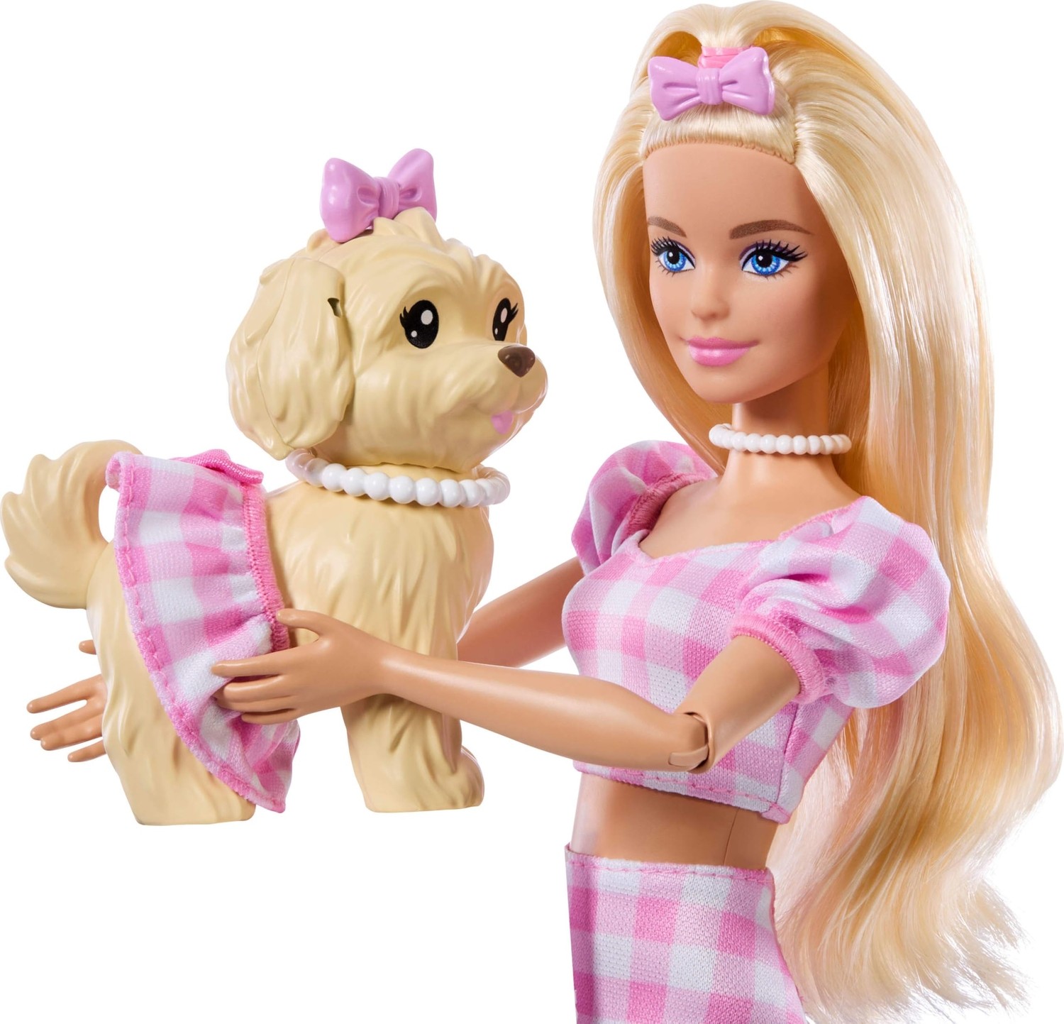 Aesco Barbie Uyumlu Dostlar Sarı Saçlı Bebek ve Köpekçiği, Pötikare Desenli, Pembe Renkli Kıyafetler Giyen ve Güneş Gözlüğü, Kolye ve Fiyonk Gibi Aksesuarlar Takan, JFP36 görsel 4