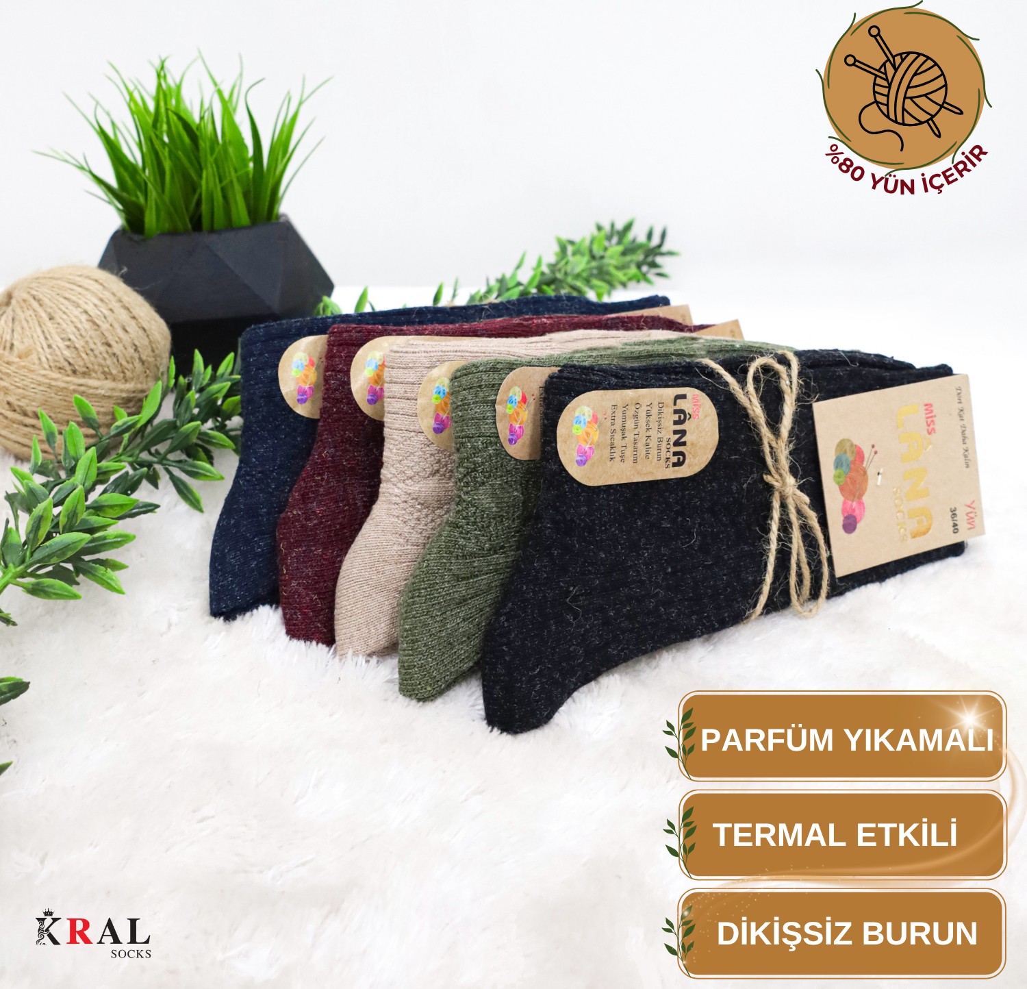 Kral Socks Çorap (5 Çift) Kışlık Yün Çorap Lambswool (Özel Kuzu Yünlü) Kadınlar Için Termal Özellikli görsel 4