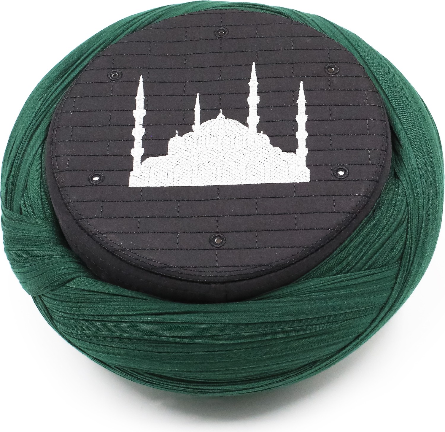 Sarıkhane Cami Sarığı - Yeşil Kumaş - Siyah Takke - Çapraz Sarım - Cami Nakışlı - 7 Metre